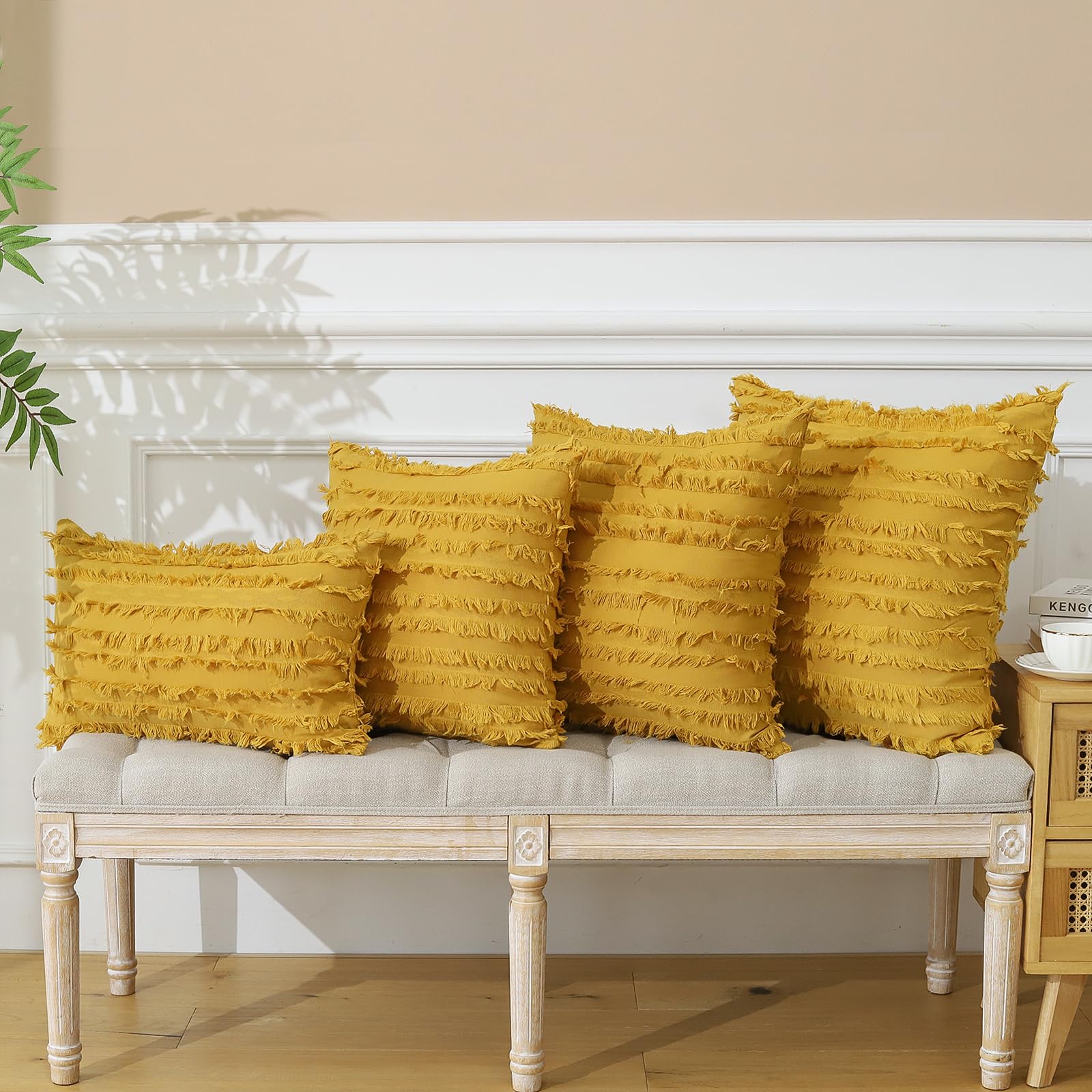 Set di 2 federe decorative in lino con frange, stile bohémien/fattoria, con nappe, federa morbida per divano, 45 x 45 cm