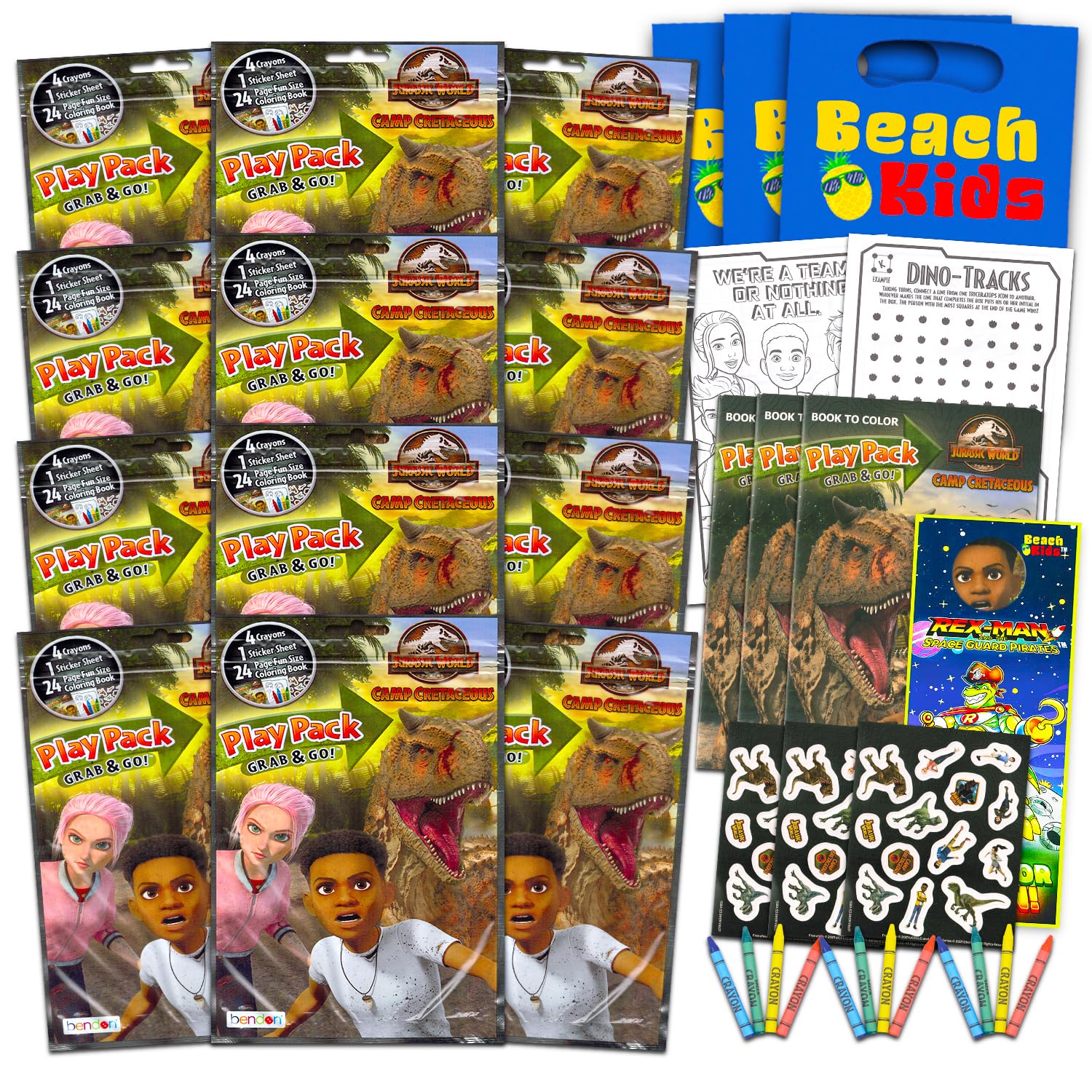 Jurassic World Play Pack bomboniere per bambini Bundle con 12 sacchetti per dolcetti con libro da colorare, adesivi, utensili da colorare e altro ancora | Forniture di compleanno con dinosauro