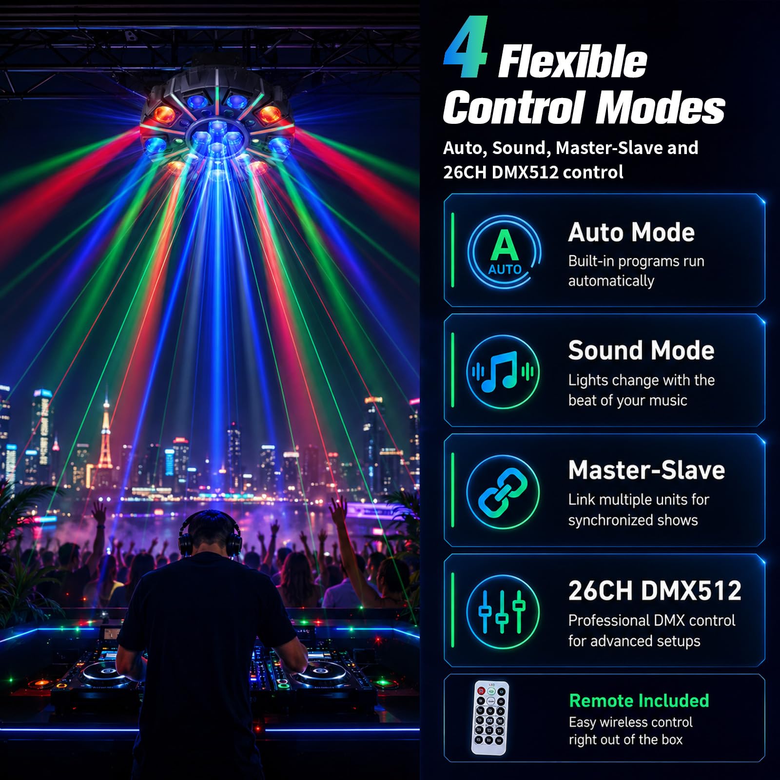 Moving Head LED Discolicht Partylicht, RGBW Bühnenlicht mit Fernbedienung | DMX512 (26 Kanäle), Sound Control DJ Licht, Disco Licht für KTV Disco Hochzeit Club Geburtstag Bühne DJ