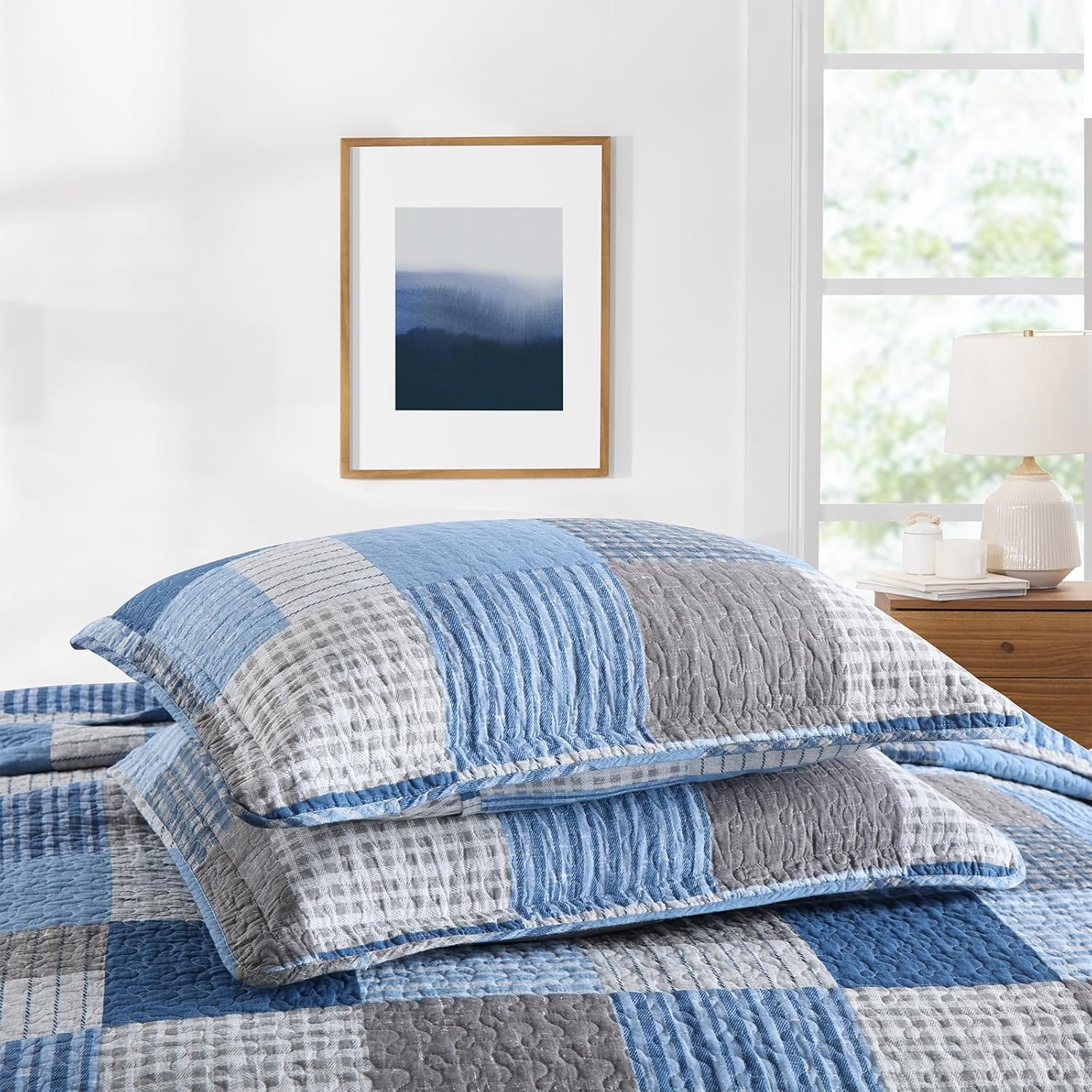 Finlonte Quilt King Size - 100% Cotton King Size Comforter Set Blue Navy Grey Plaid Farmhouse Quilt Bedding Set, Reversible Lightweight Soft Bedspread, Quilted Coverlet All-Season, 3-Piece - Image 7