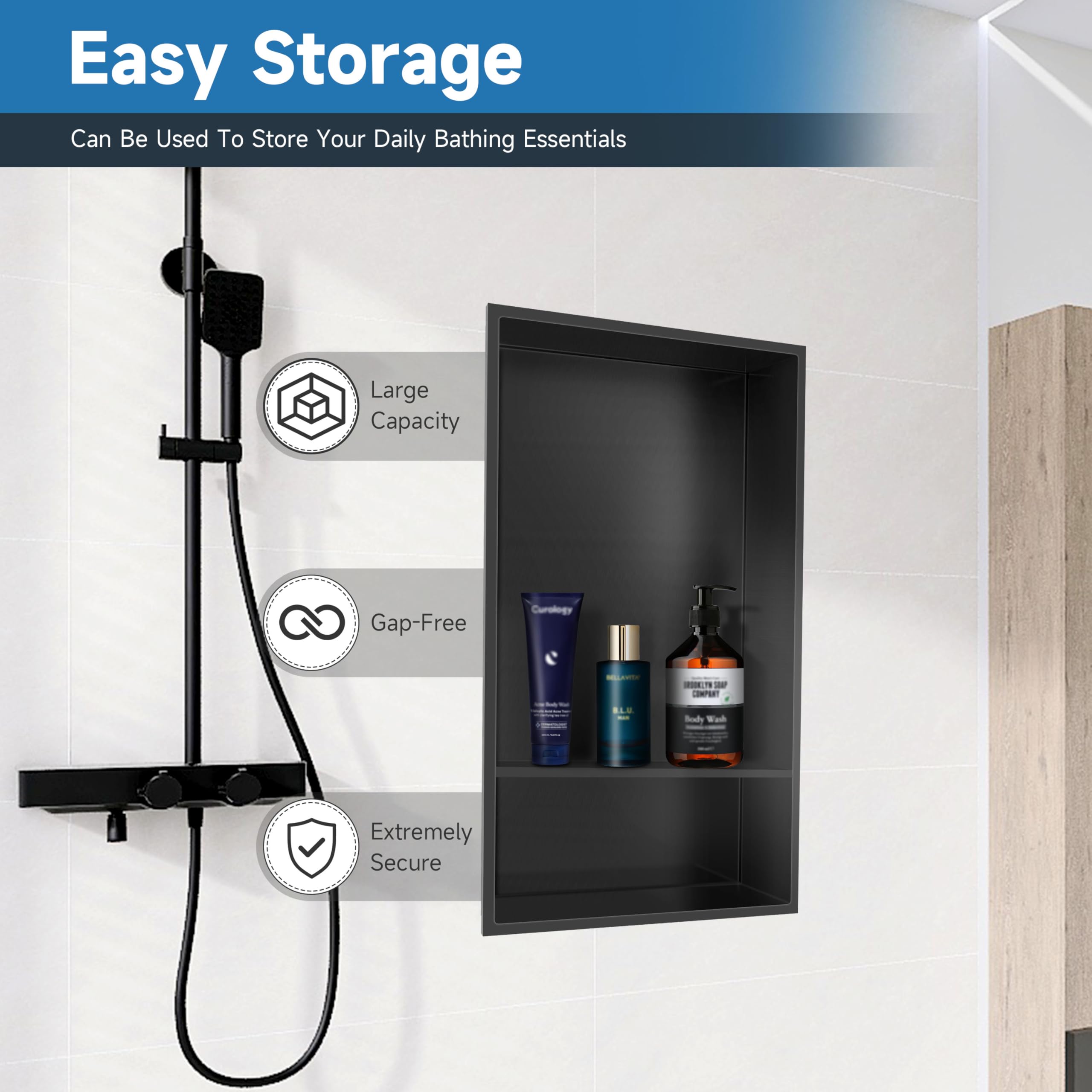 AKDY 12 In. W X 24 In. H X 4 In. D 18-Gauge Stainless Steel Double Shelf Bathroom Shower Wall Niche In Matte Black Sn004 2 AKDY 12 In. W X 24 In. H X 4 In. D 18-Gauge Stainless Steel Double Shelf Bathroom Shower Wall Niche In Matte Black Sn004 2