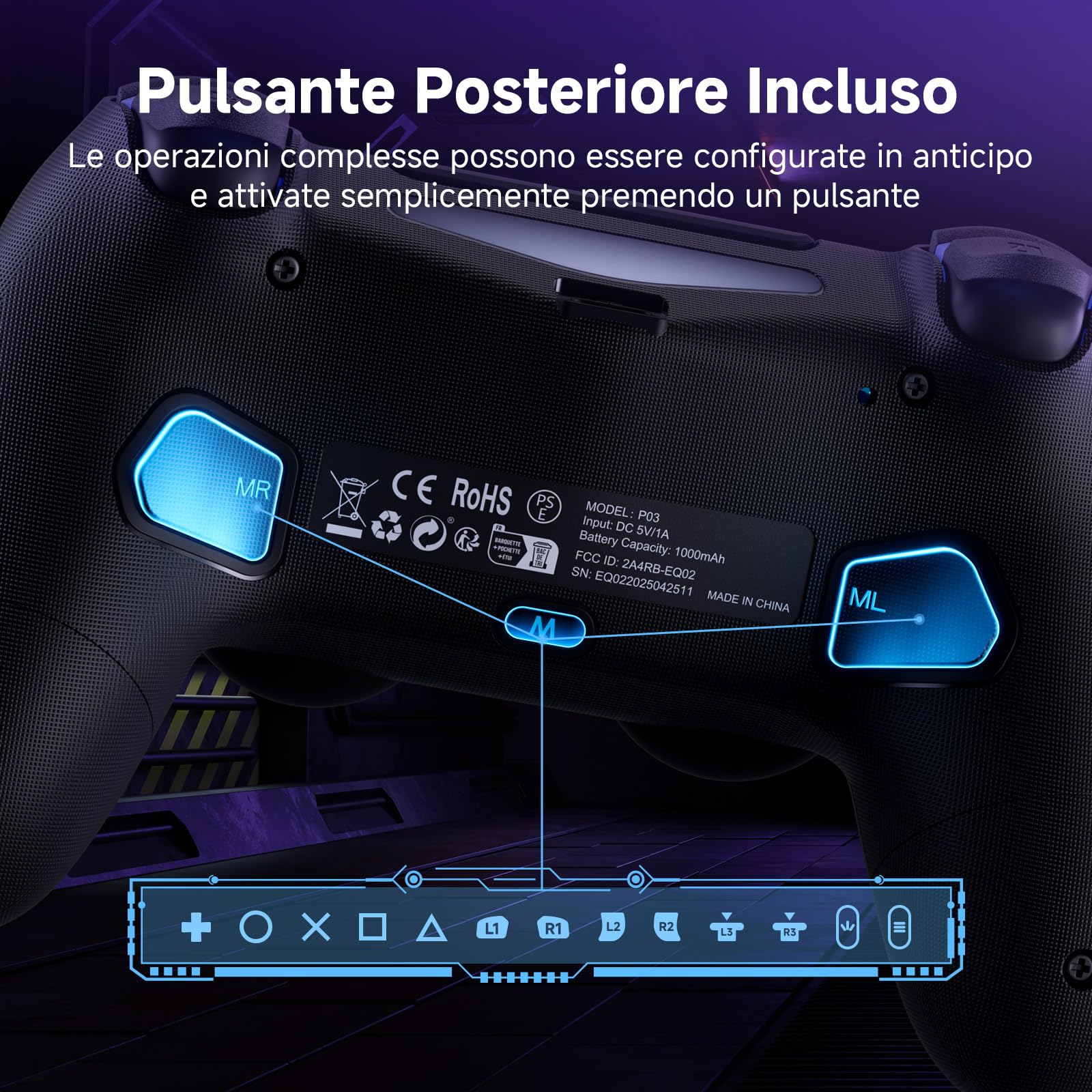 Controller per PS4/PC, Tipo-C, Hall Joystick, Bluetooth, 1000mAh, Ergonomico Antiscivolo