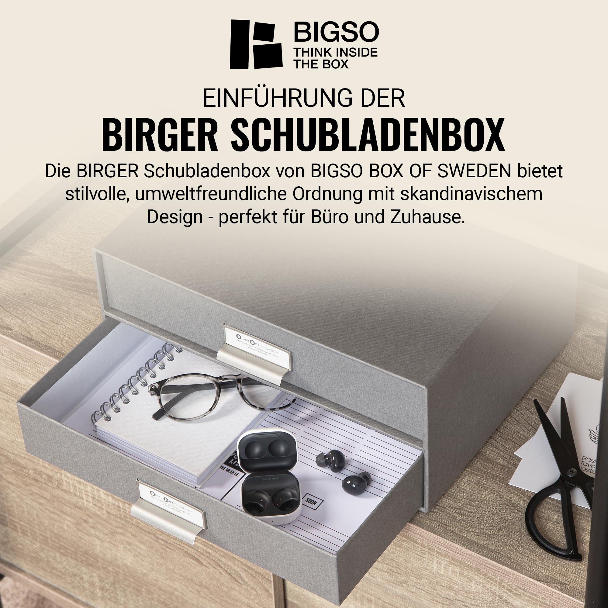 BIGSO BIRGER Schubladenbox – Aufbewahrungsbox mit 2 Schubladen – Schreibtisch Ablage für Dokumente & Bürobedarf – Ablagesystem aus recycelter Faserplatte und Papier – grau