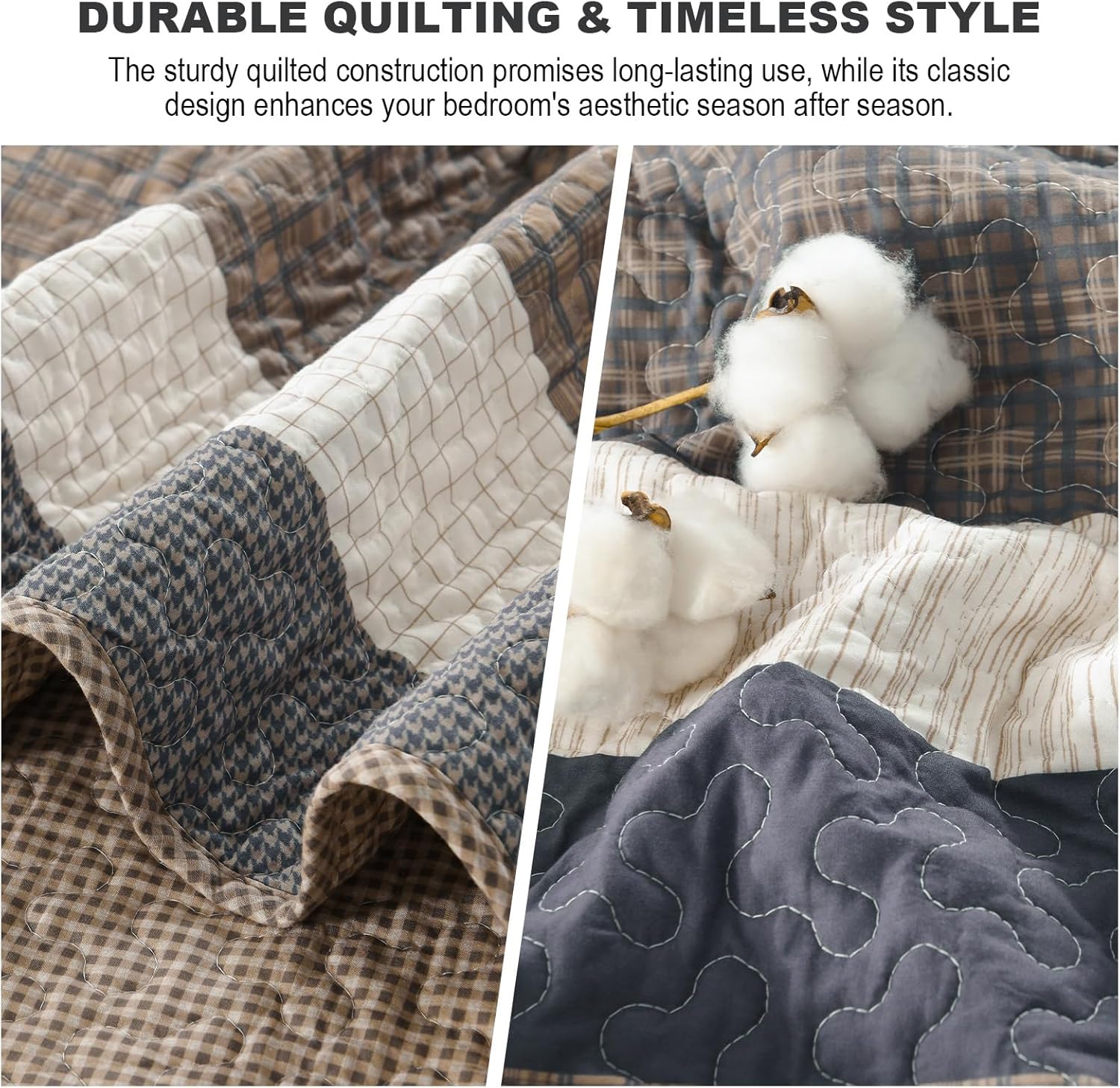100% Cotton King Quilt Set - 3 Piece Farmhouse Striped Bedding, Reversible Lightweight Quilted Bedspread, Breathable Thin Comforter, All Season, Brown/Beige