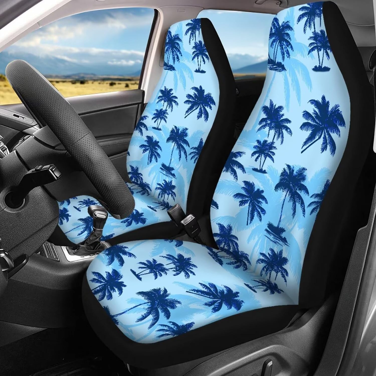 Pensura Palm Tree Print Car Seat Covers + Rear Backrest Cover + Rear Bottom Bench Cover Front Back Seat Cover Full Set Vehicle Seat Protector Car Mat Fit Most Car,Truck,SUV,Van 4Packs