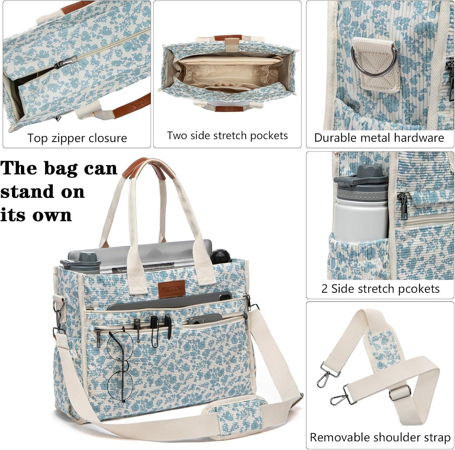 Corduroy Tote Bag for Women 2Pcs Set, 14-Pocket Lightweight Laptop Work Tote, Teacher & College Travel Crossbody Bag