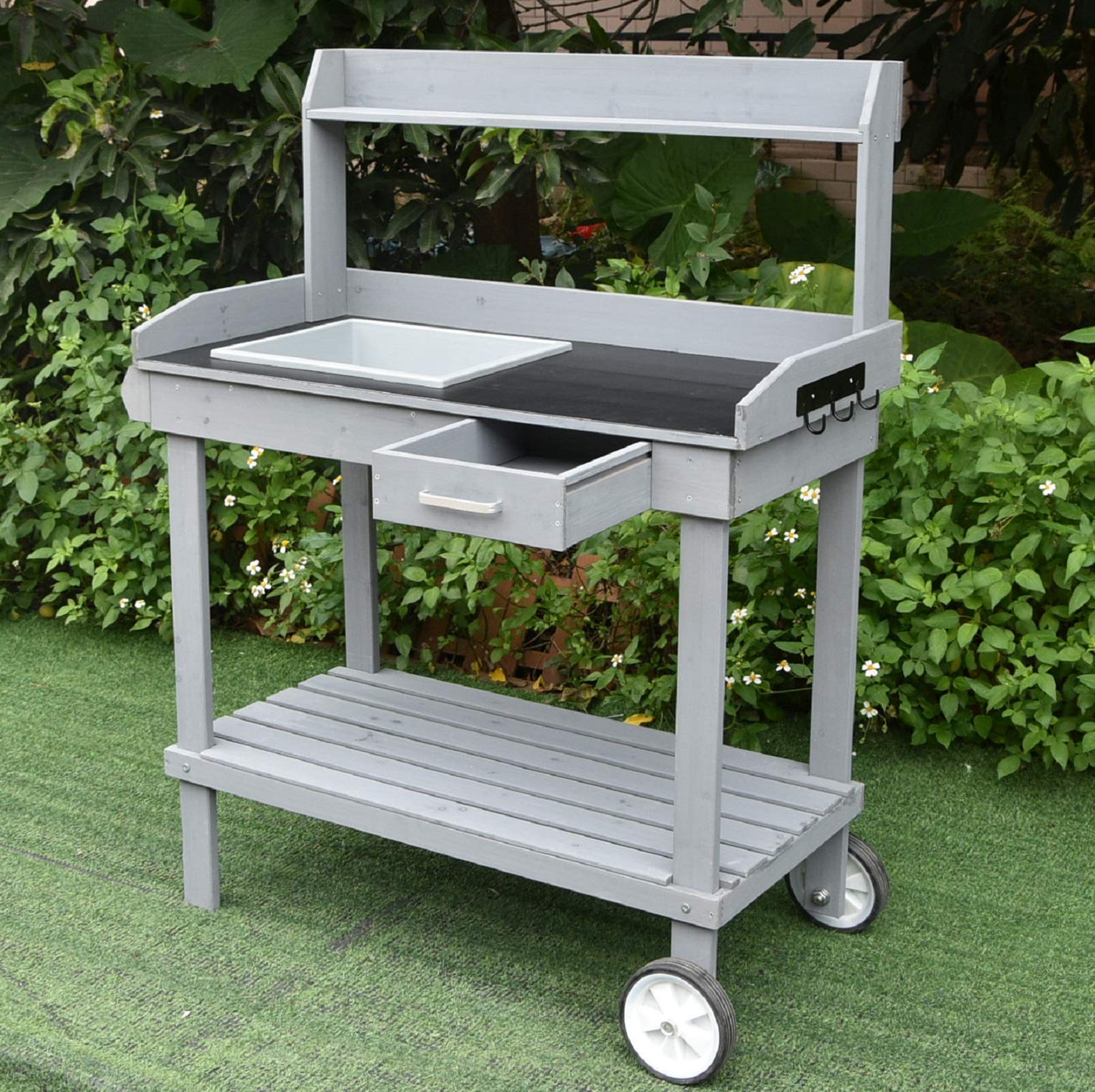 Buy Wooden Outdoor Garden Potting Bench Work Station Table with Sink