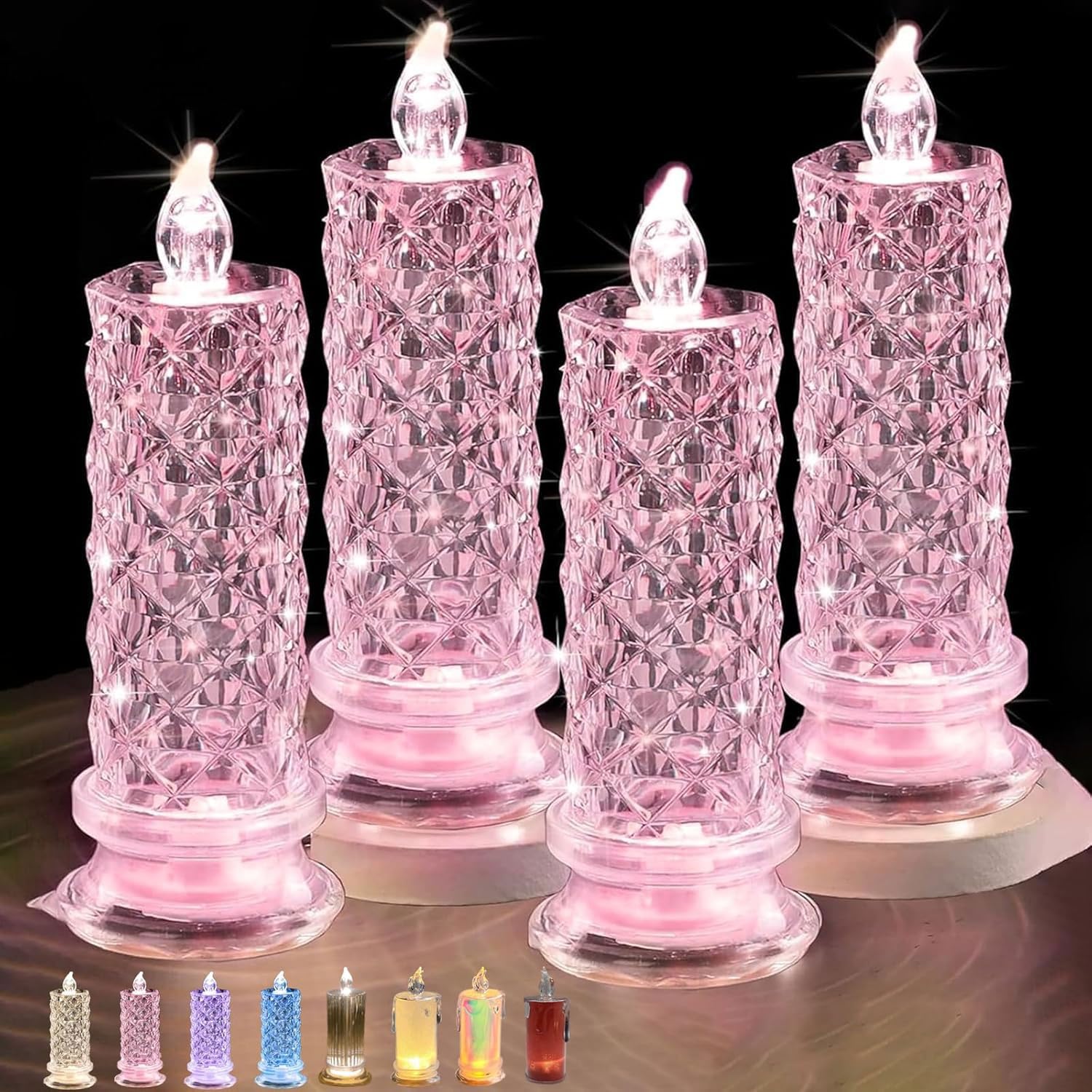 4PCS Rose Shadow Led Flameless Candle Lights, Set of 4 LED Crystal Candle Lights, Flameless LED Candles, Battery Operated Romantic Clear Pillar Candles Set for Wedding Christmas Decoration (Pink)
