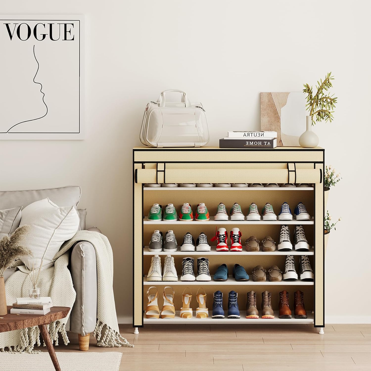 Calmootey 5 Tier Shoe Rack Organizer to Hold 25 Pairs, Portable Shoe Shelf with Nonwoven Fabric Cover for Closet Hallway, Bedroom, Entryway, Beige