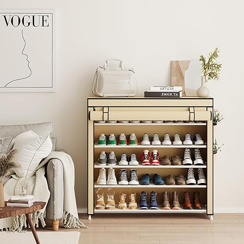 Miniatura 4 de Calmootey Zapatero organizador de 5 niveles para 25 pares, estante portátil para zapatos con cubierta de tela no tejida para armario, pasillo,