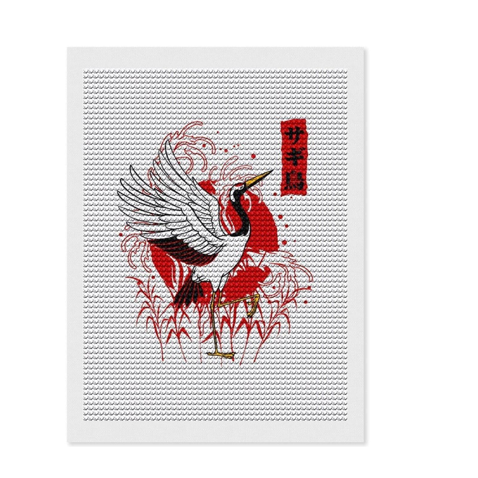 Junmoney Japanese Heron Round Drill Diamond Painting 12"x16", with Tool Kit, Easy to Follow Symbols, Farmhouse Decor, for Craft Lovers