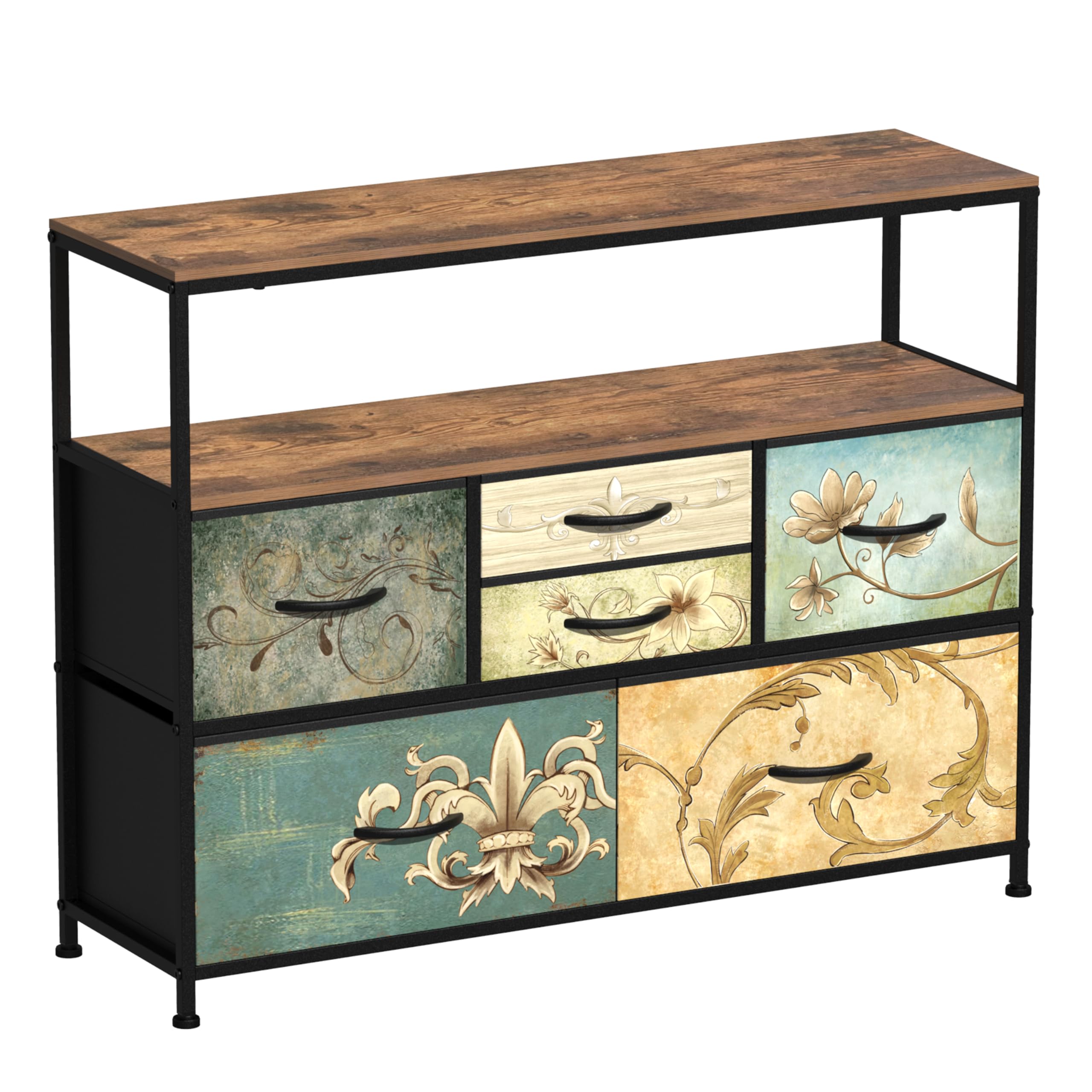 VEDECASA Bedroom Chest of Drawers with Open Shelf 6 Drawer Dresser for Bedroom Storage Organizer Unit TV Stand for Living Room Hallways Closet with Wooden Top Metal Frame