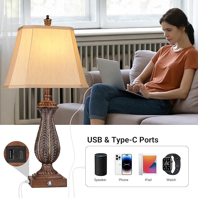 Lámpara de Mesa Táctil 30", 2 Unidades, Café, con USB y Type-C miniatura 2