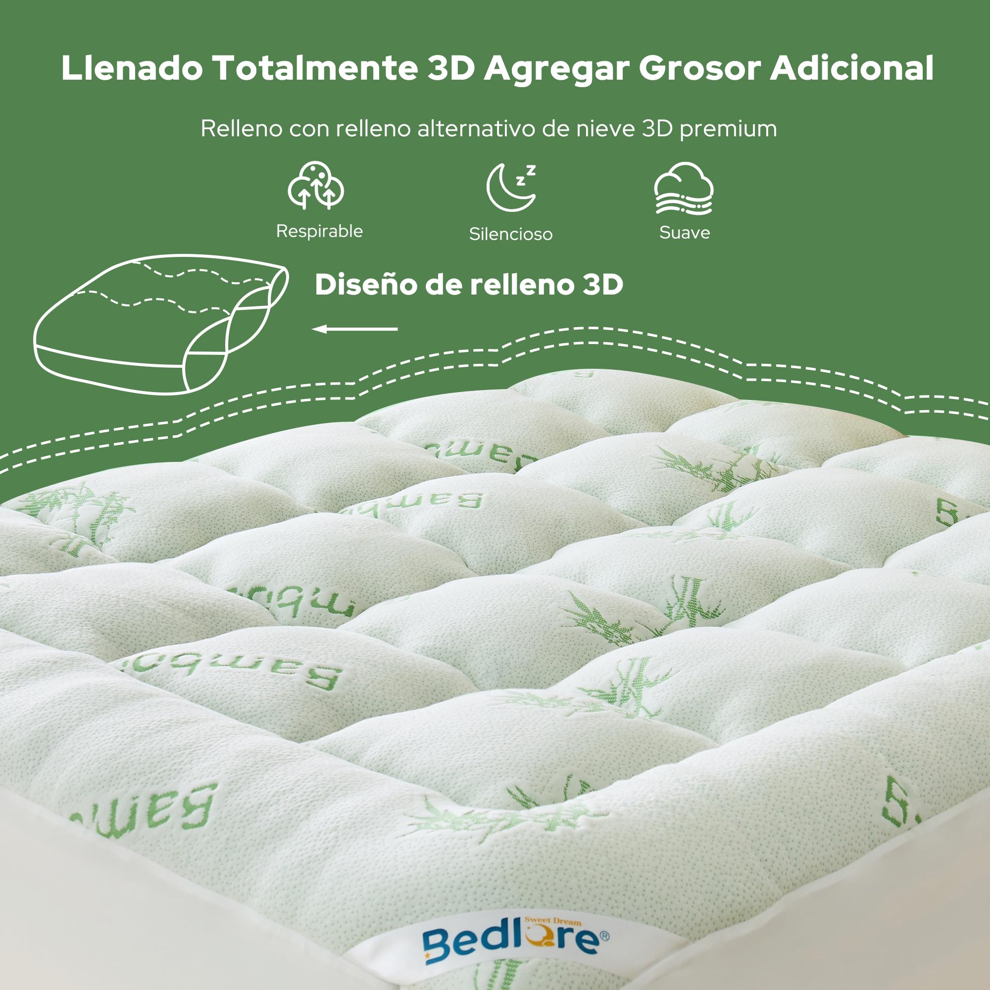 BEDLORE Sobrecolchón 160x200 cm, Topper Acolchado de Bambú Transpirable y Suave, Cubre Colchón con Faldón Elástico hasta 40 cm, Certificación Oeko-Tex, Verde