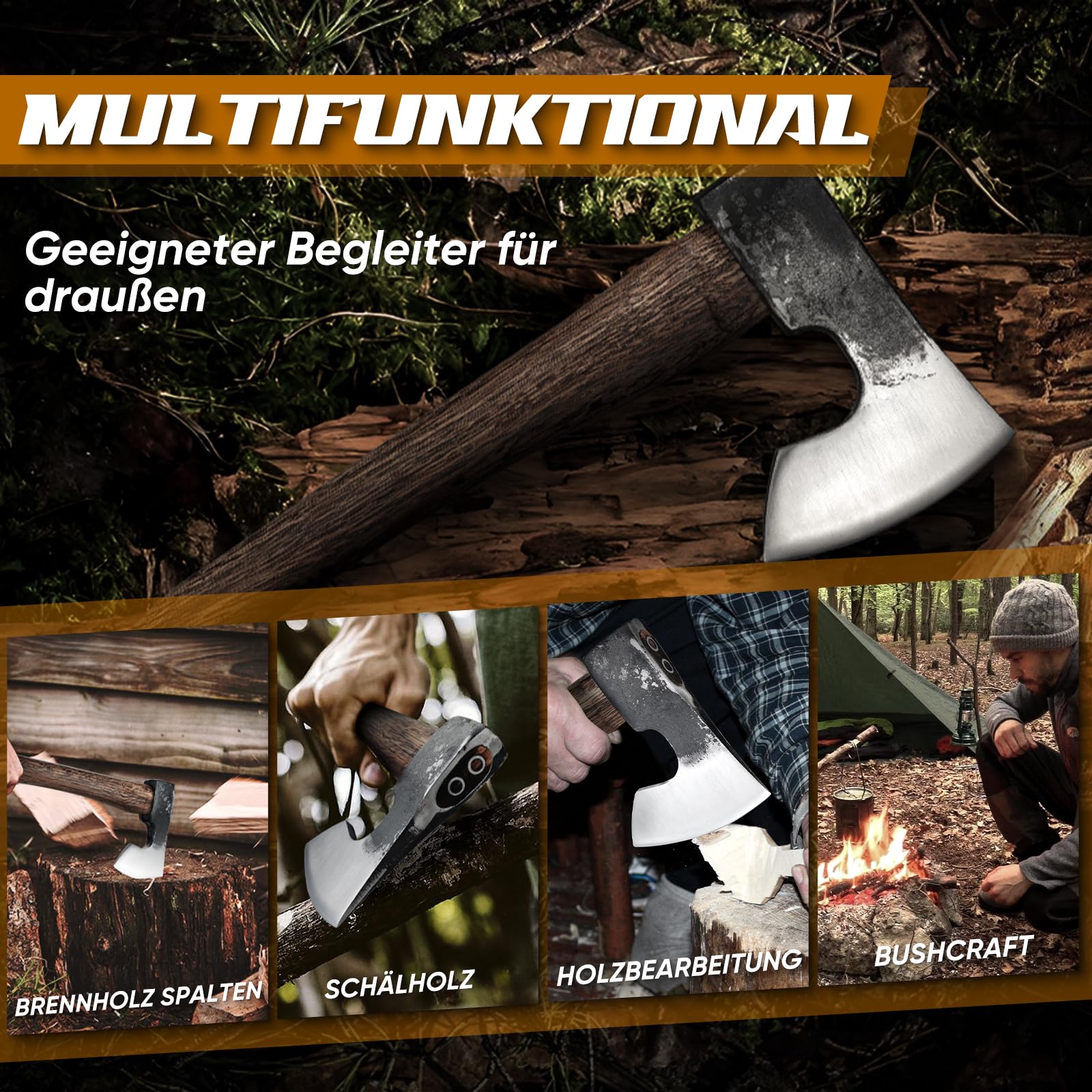 Dream Reach Beil Axt Wikinger - Handgeschmiedet Outdoor Survival Axt mit Leder Holster Carbonisierte Holzgriff für Camping und Wandern Geschenke für Männer Papa
