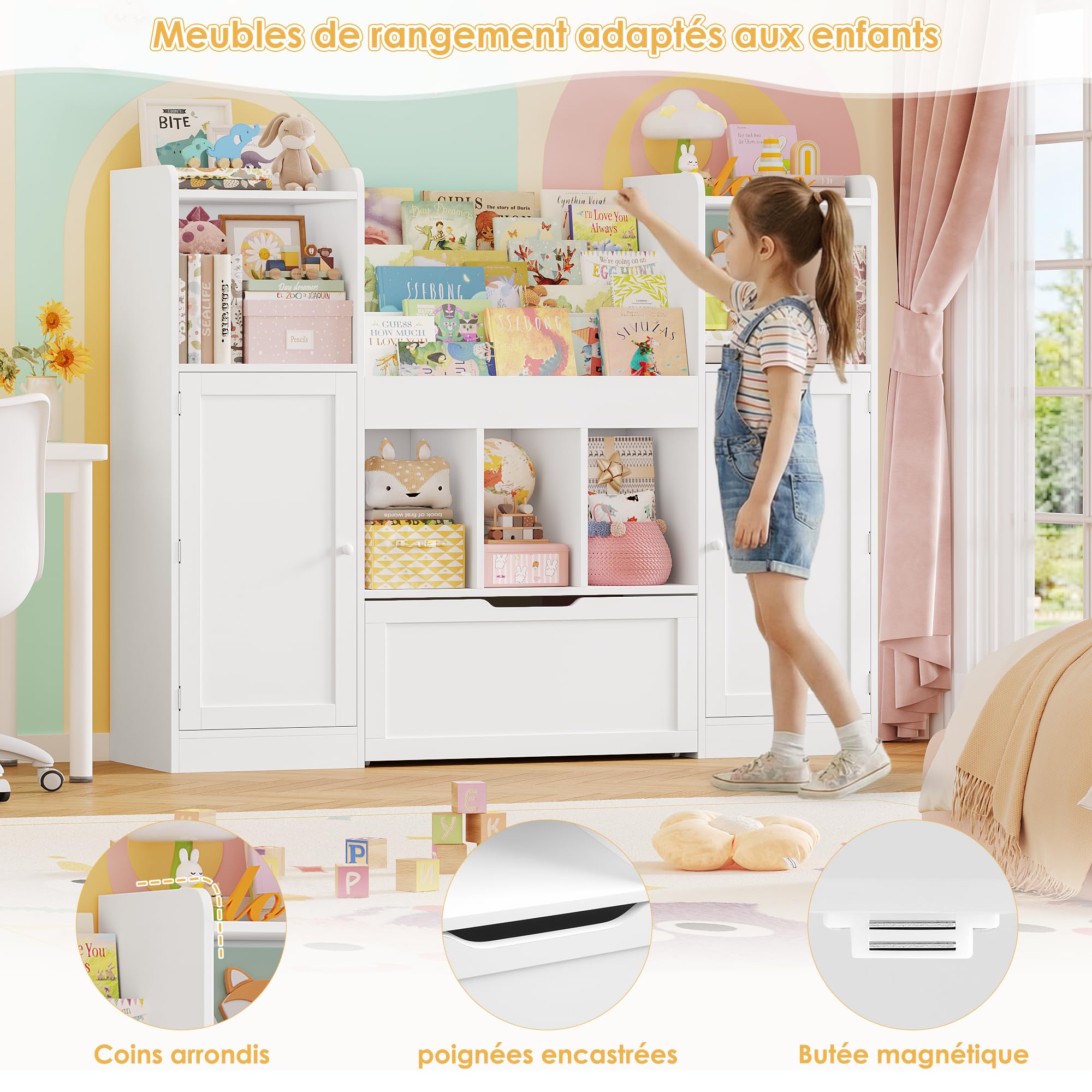 FOREHILL Meuble Rangement Enfant Bibliothèque Enfant 140x30x108.2cm, Blanc | Rangement jouet enfant et livres, 10 rangement derrière 2 portes, 1 grand tiroir roulant, Bibliothèque enfant salle de jeu