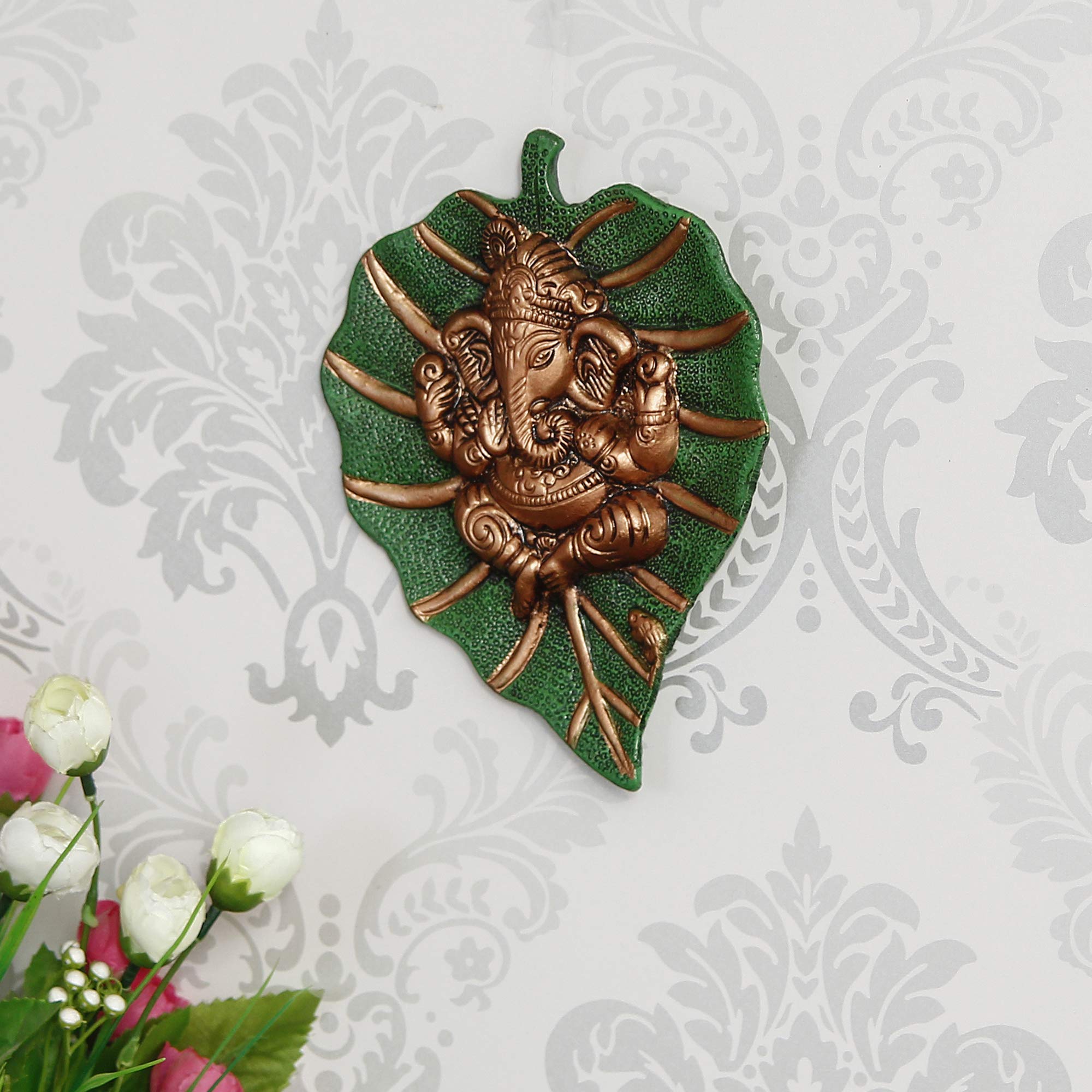 eCraftIndia Metal Brown Lord Ganesha Idol On Green Leaf Ganesha Wall Hanging Decorative Showpiece for Wall Decor- Diwali Decoration Items for Home Decor- Gift for Diwali Ganesh Chaturthi Housewarming