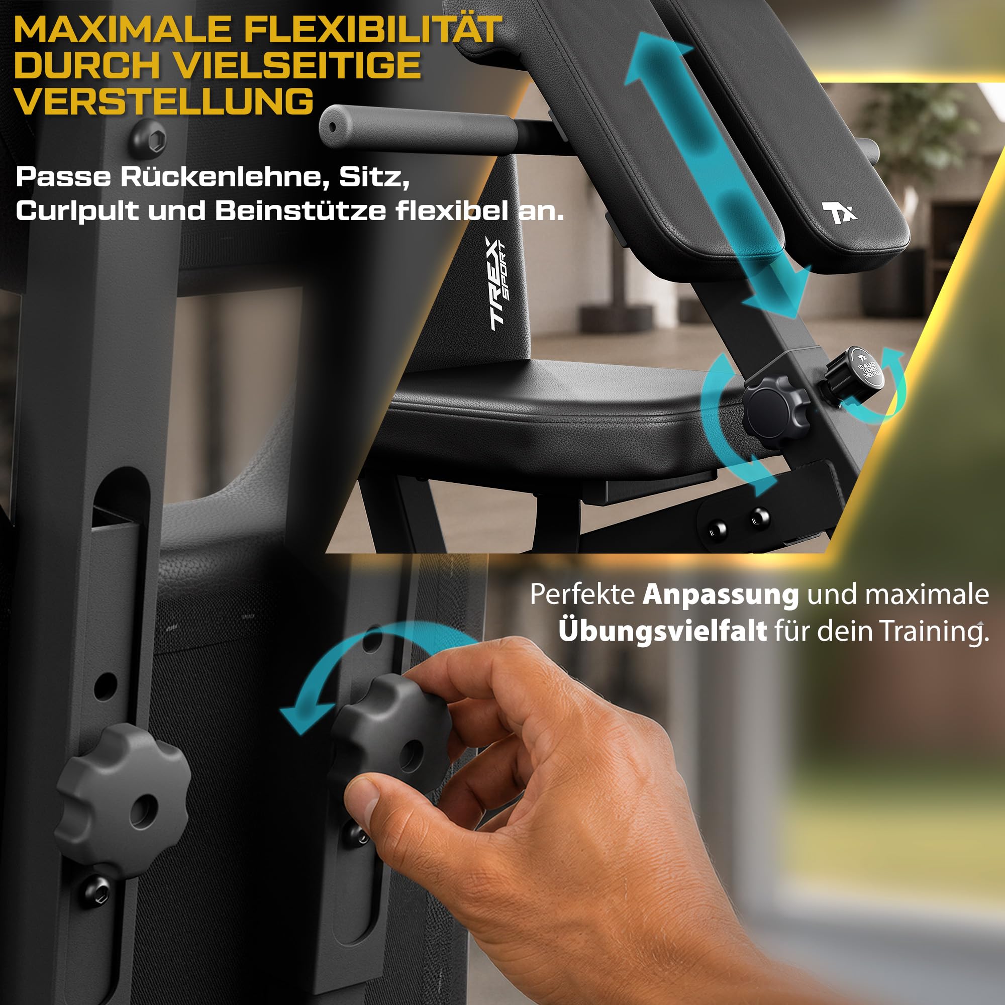 TREX SPORT Hantelbank verstellbar bis 250 kg mit Expander, Curlpult TX-200B | Multifunktions Trainingsbank, Flachbank für Ganzkörper-Workout, 8-Fach Verstellbare Rückenlehne & 3-Fach Verstellbarer Sitz