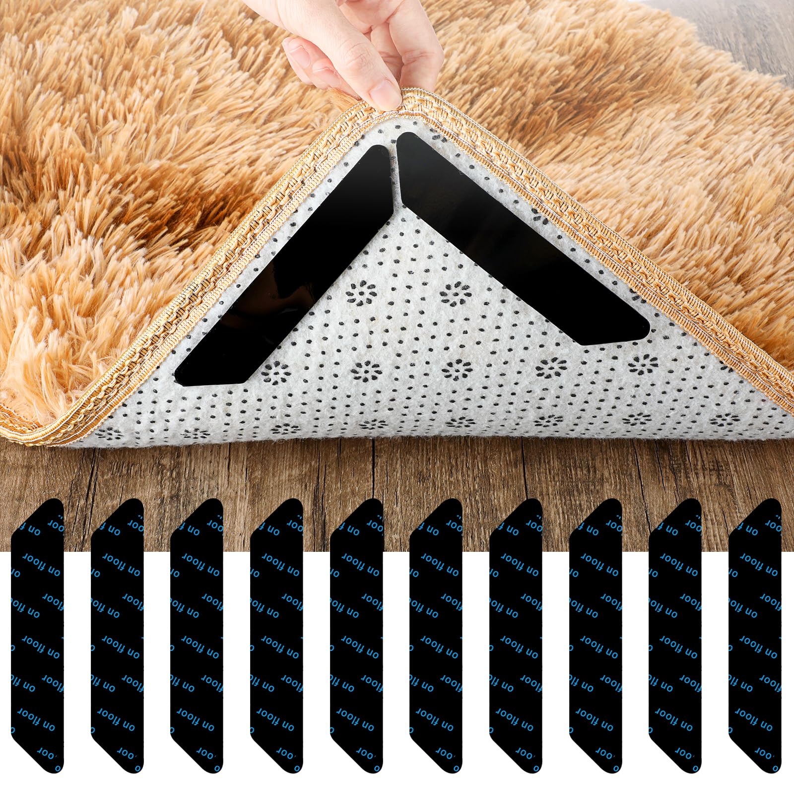 Adhesive Grippers for Rug, 10 Pcs Non Slip Gripper for Hardwood Floors Rug Corner Grippers, Dual-Sided Rug Stoppers Make Corner Flat, Rug Tape Grips Carpet Flexible Sticky Pad (Black)