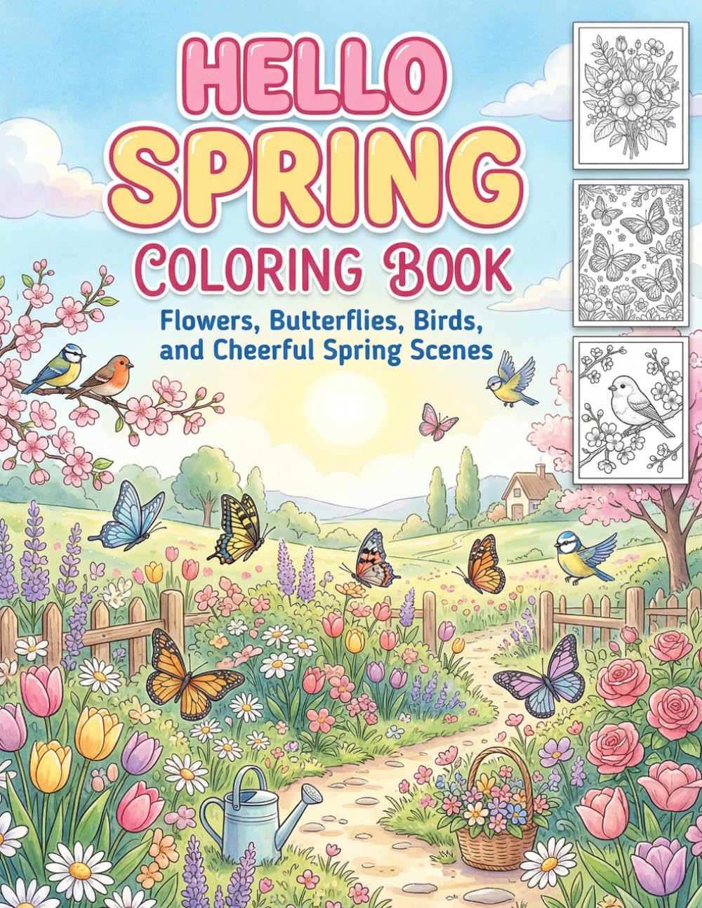 Hello Spring Coloring Book: Flowers, Butterflies, Birds, and Cheerful Spring Scenes