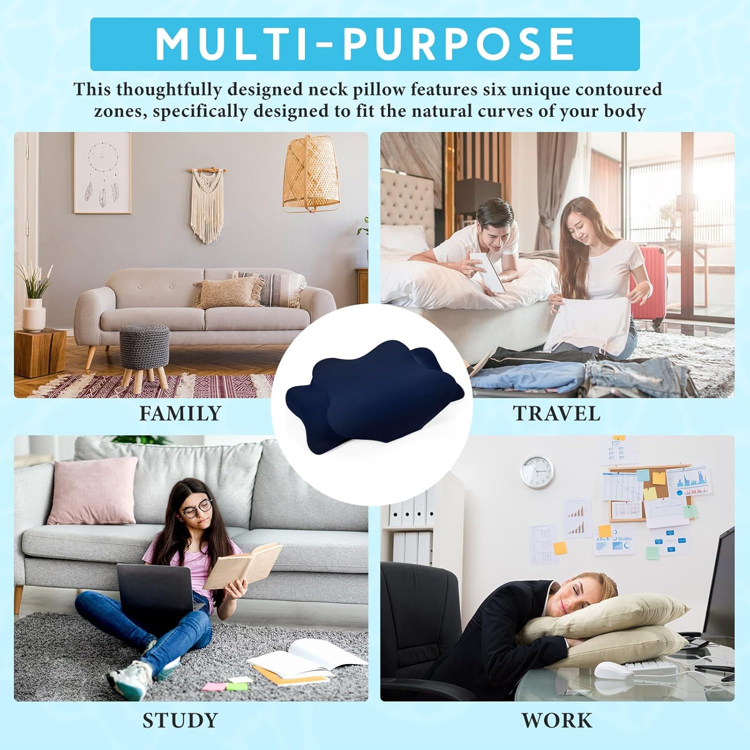 Hahafelt Cooling Cervical Neck Pillowcase Cover (Only Pillow Case) Ergonomic Pillowcase with Zipper Breathable Contour Pillow Cover for Side Back Stomach Sleepers(Navy Blue,Queen Size)