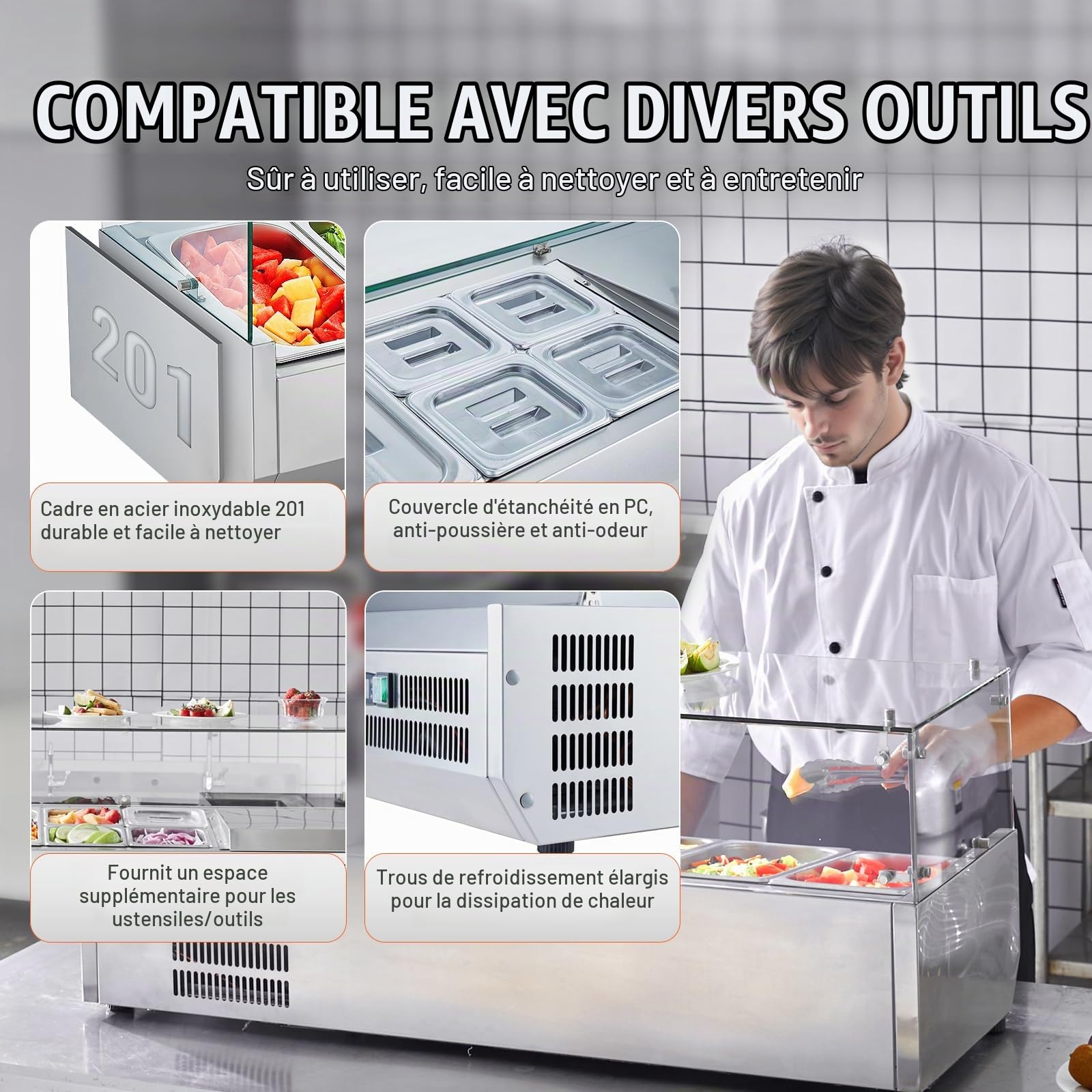VEVOR Saladette Réfrigérée à Poser 140 W, Vitrine Réfrigérée pour Pizzeria, avec 2 1/3 Casseroles et 4 1/6 Casseroles, Corps en Inox 304 et Couvercle en PC, pour Préparation de Sandwich Ingrédients
