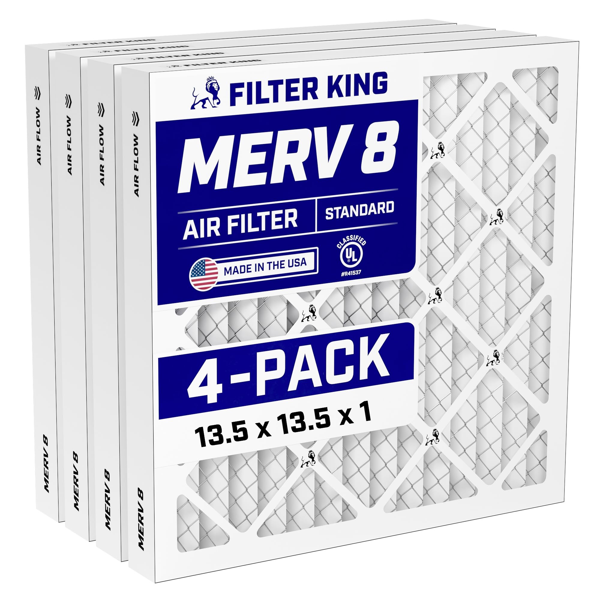 Filter King 13.5x13.5x1 Air Filter (MERV 8) (4-Pack) Dust & Allergy Control AC Furnace Filters, MADE IN USA, HVAC, Pleated, Electrostatic (Actual Size