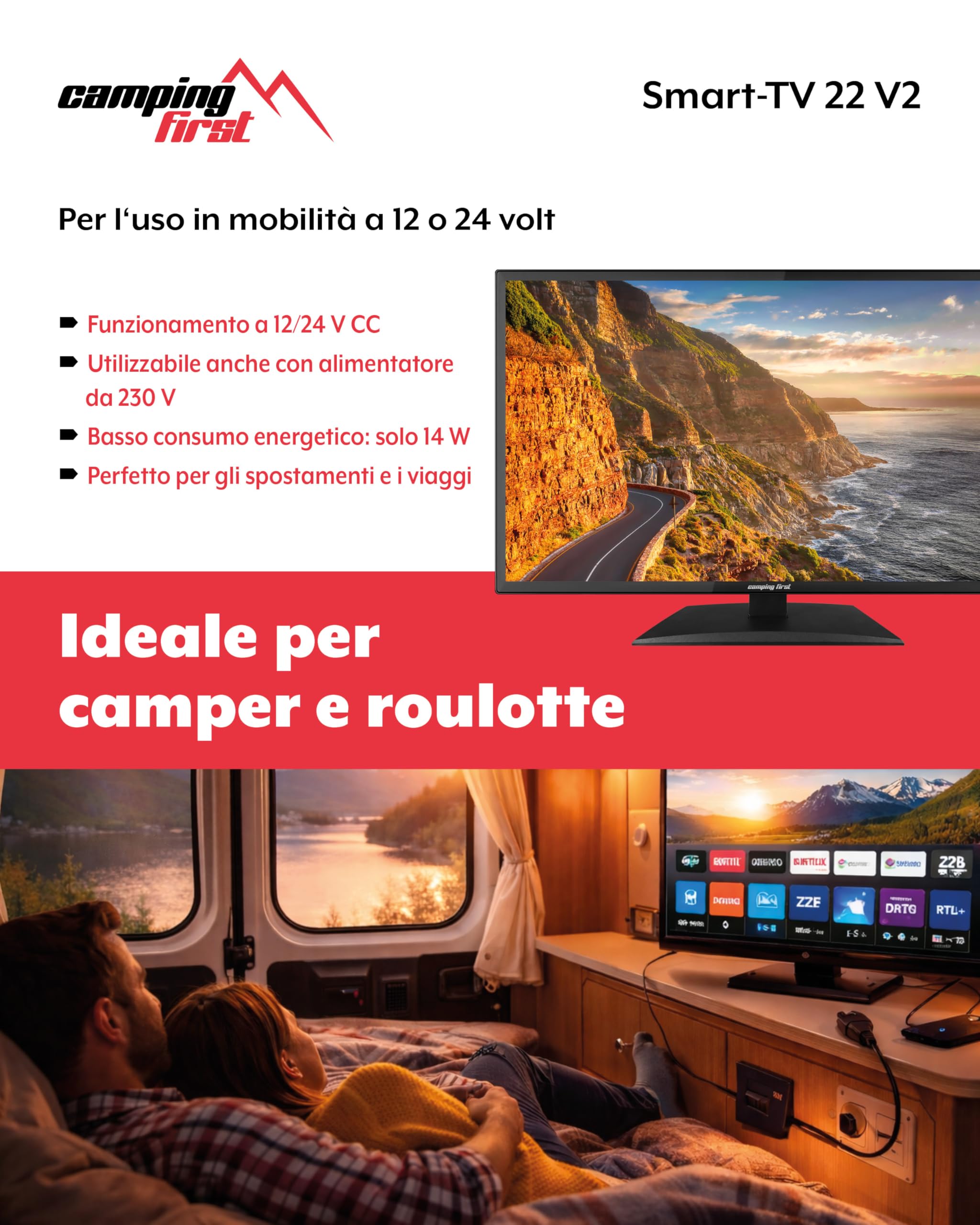 22″ Smart TV V2 – Televisore, 54,6 cm, 12 volt – Nero | Triple tuner, Android 11.0, WiFi/LAN, CI+, USB, Bluetooth