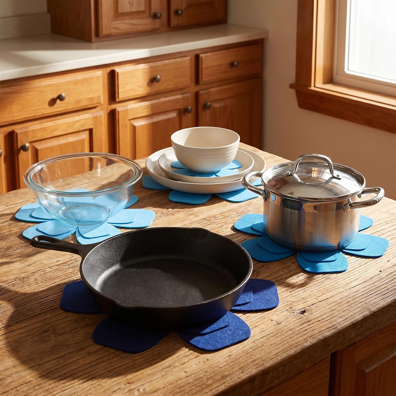 JJUNW 12 Pcs Pot and Pan Protectors, 4 Colors(Blue Tones) Pot Separator Pan Protectors for Stacking, 3 Sizes Thicker Felt Protector Pads Protect Glass Ceramic Plates Cookware from Scratching