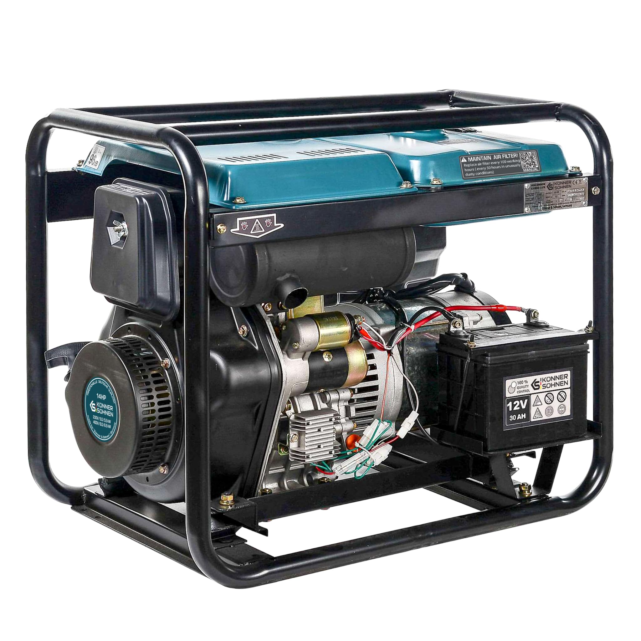 Agregat prądotwórczy Generator Diesla KS 8100HDE-1/3 ATSR (Euro V) z wbudowanym układem przełączania faz (VTS), maksymalna moc 6500 W, 1x16A (400V), maksymalna moc 5500 W 1x32A (230V), autorski silnik EURO-V, wyświetlacz (częstotliwość, napięcie, licznik