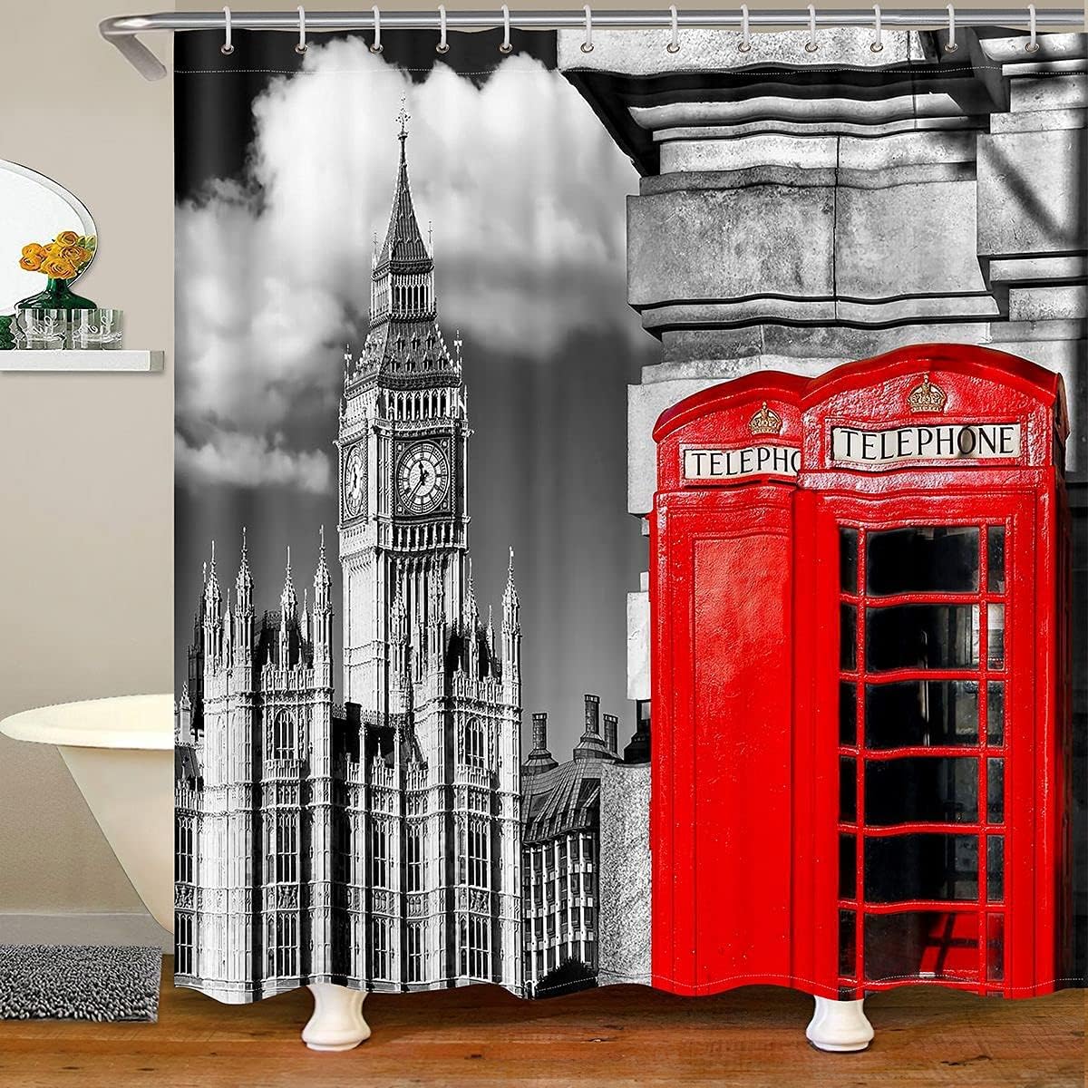 Cortina de Ducha Antimoho 240x200 Londres, Cortina Ducha Cabina Telefónica Roja Cortina Baño Tela Impermeable Cortinas de Baño para Bañera y Baño con 12 Ganchos F/G