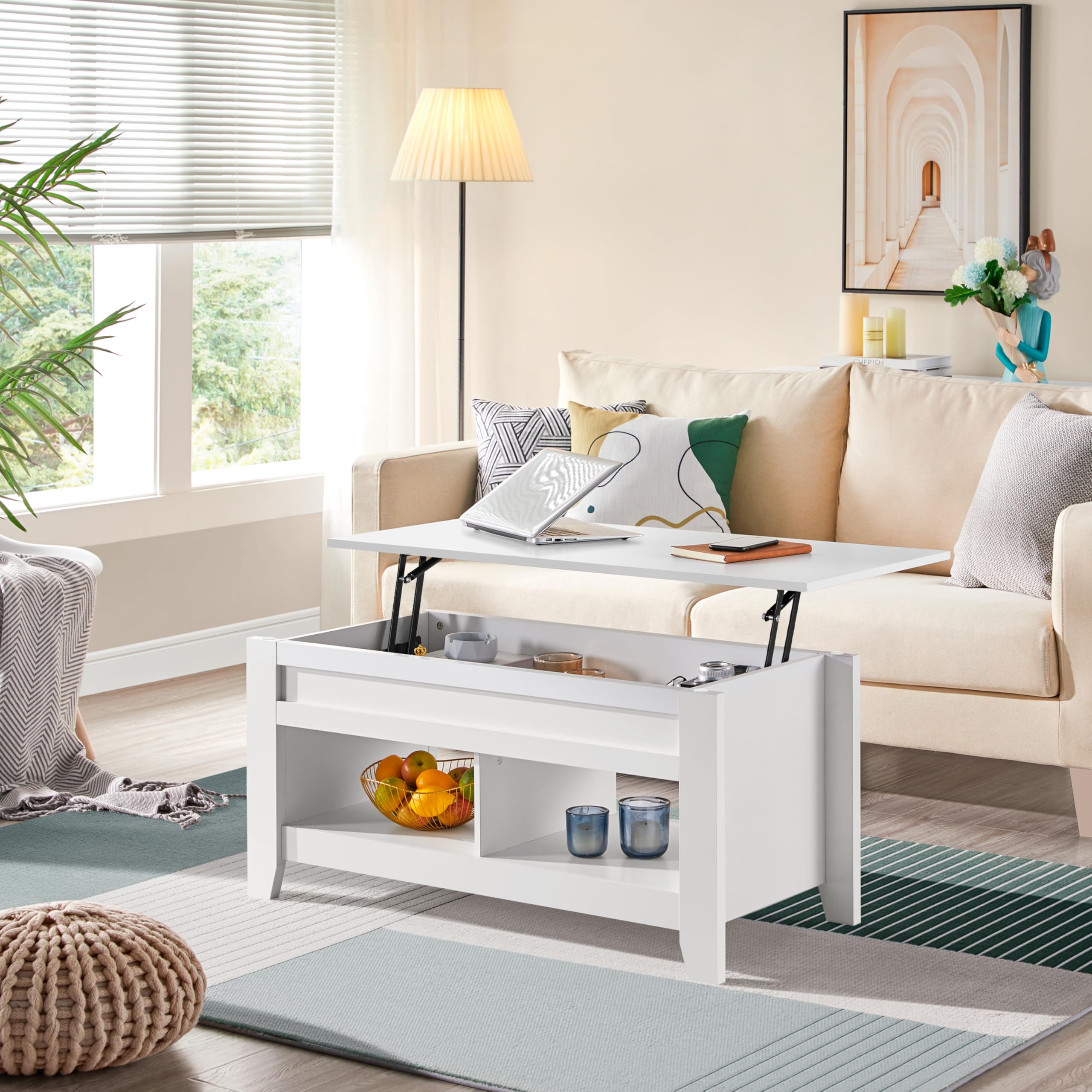Yaheetech Tavolino da Caffè Sollevabile Tavolo Basso da Soggiorno Tavolino con Ripiano Elevabile da Salotto 104,5 x 49,5 x 49-62 cm Tavolino da Divano Portaoggetti Spazioso Bianco