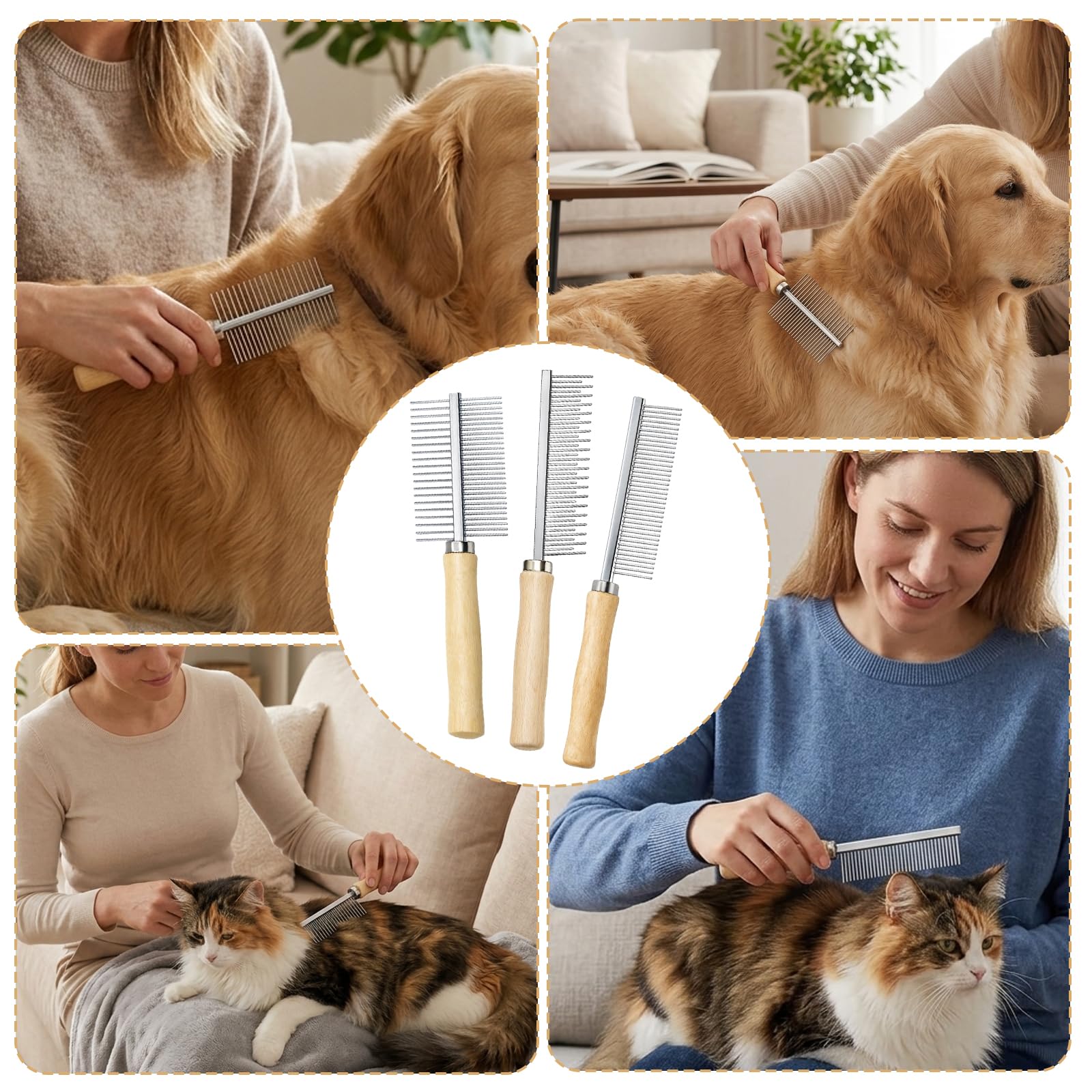 Hundekamm Katzenkamm Unterwolle, Professionelles 3-teiliges Haarpflegeset, Metallkämme mit Holzgriff für mittellanges bis langes Fell, Effektives Entwirren von verfilztem Haar