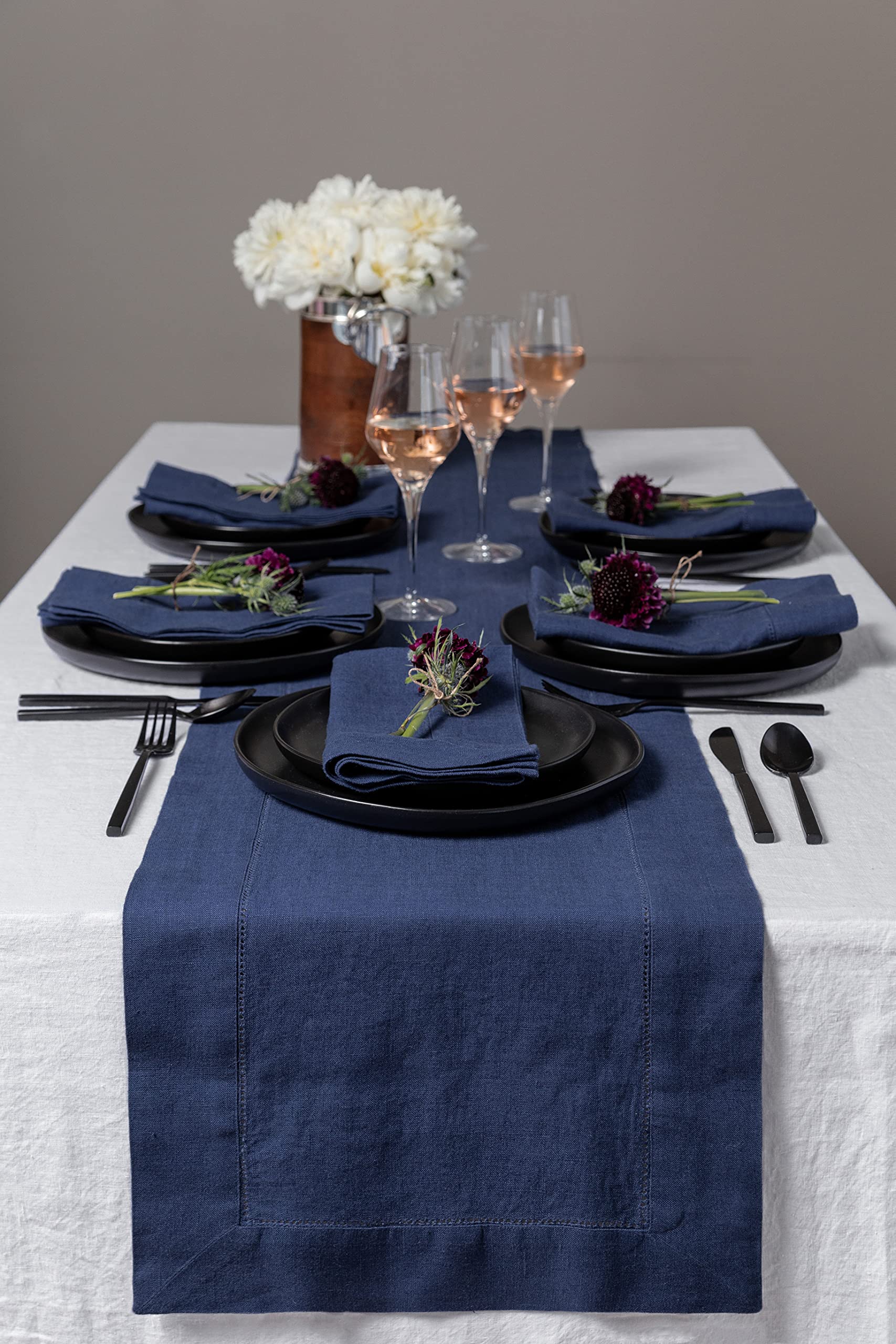 Solino Home Prewashed Linen Table Runner – Vintage Blue 14 x 108 Inch – 100% Linen Heavyweight Hemstitch Table Runner for Fall, Thanksgiving, Christmas, Holiday – Handcrafted from European Flax