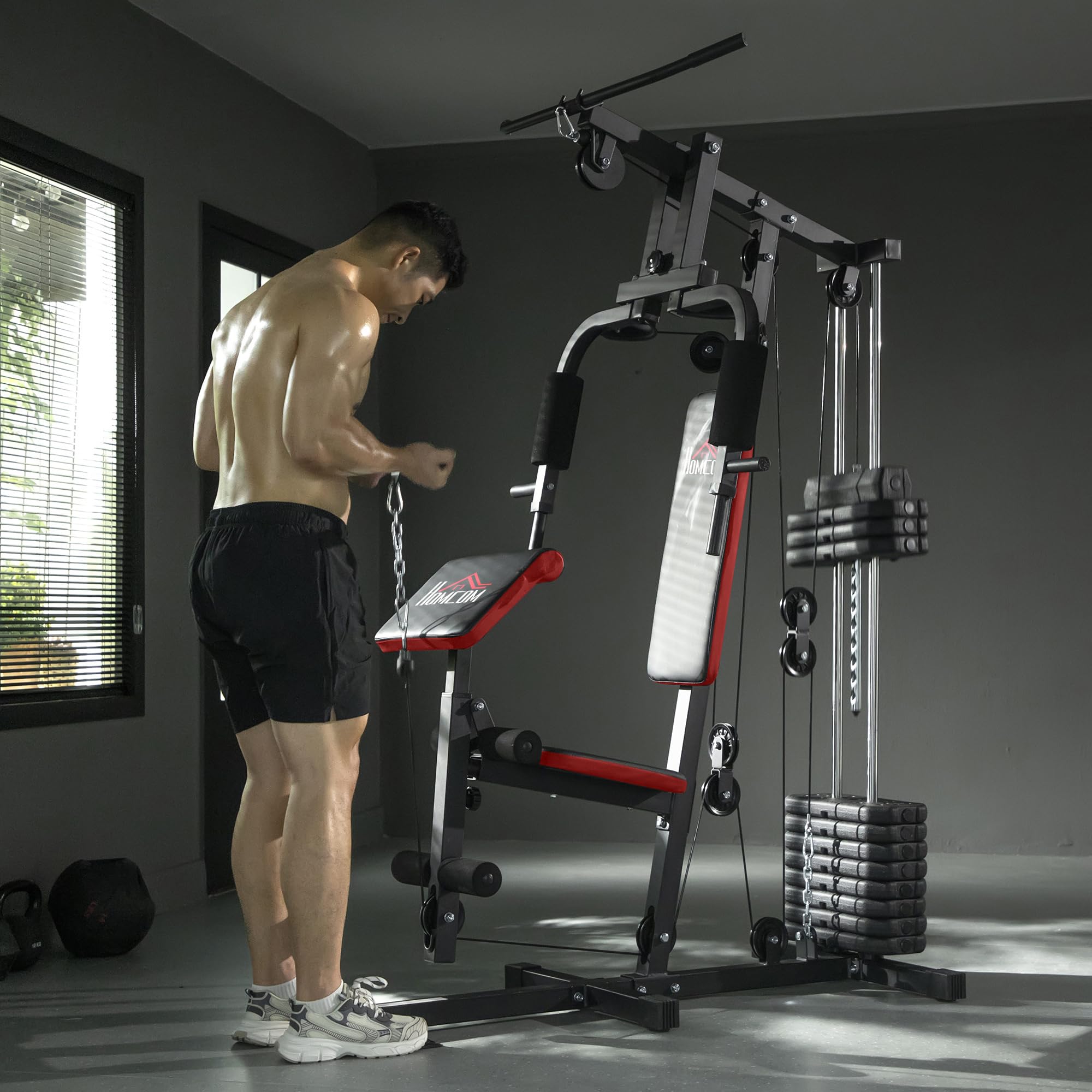 HOMCOM Multiestación de Musculación con Barra Pulldown, Press de Pecho, Prensa de Piernas, Banco Predicador, Placas de Peso 65 kg Máquina de Musculación para Entrenamiento Fitness en Hogar Gimnasio