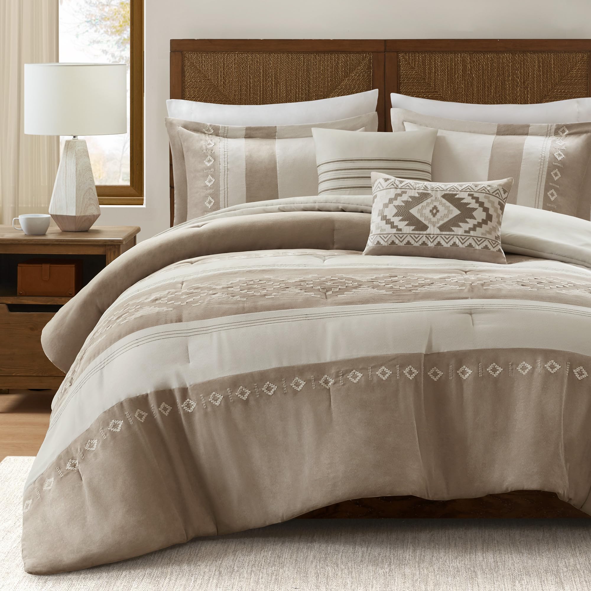 Woolrich Woolrich King Comforter Set – Sutherland 5-Piece Microsuede Embroidered Bedding Set with Decorative Pillows, Taupe, King (106 in x 94 in), Taupe