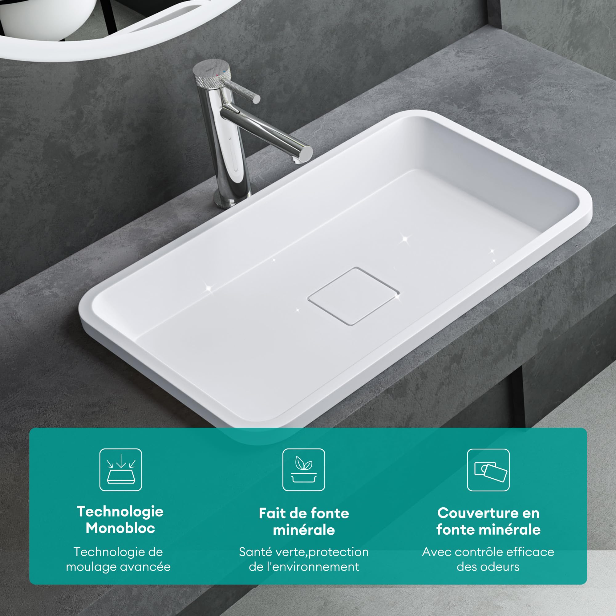 Mai & Mai Vasque à Encastrer Blanc Mat Rectangulaire 53cm Lavabo Salle de Bain Évier Lave Mains avec Cache Bonde Col104