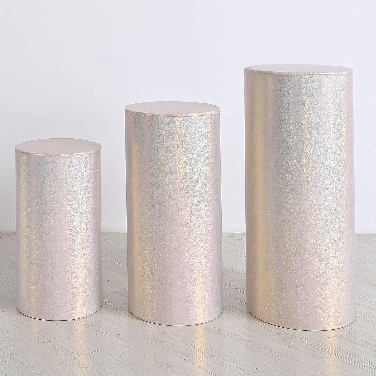 QUARKZMAN Juego De 3 Fundas Para Base De Cilindro De champaña De Spandex, Funda Para Base De Plinto De Tela Reflectante laser, Solo Contiene Fundas Para Cilindro (Brillos laser - Pequeño)