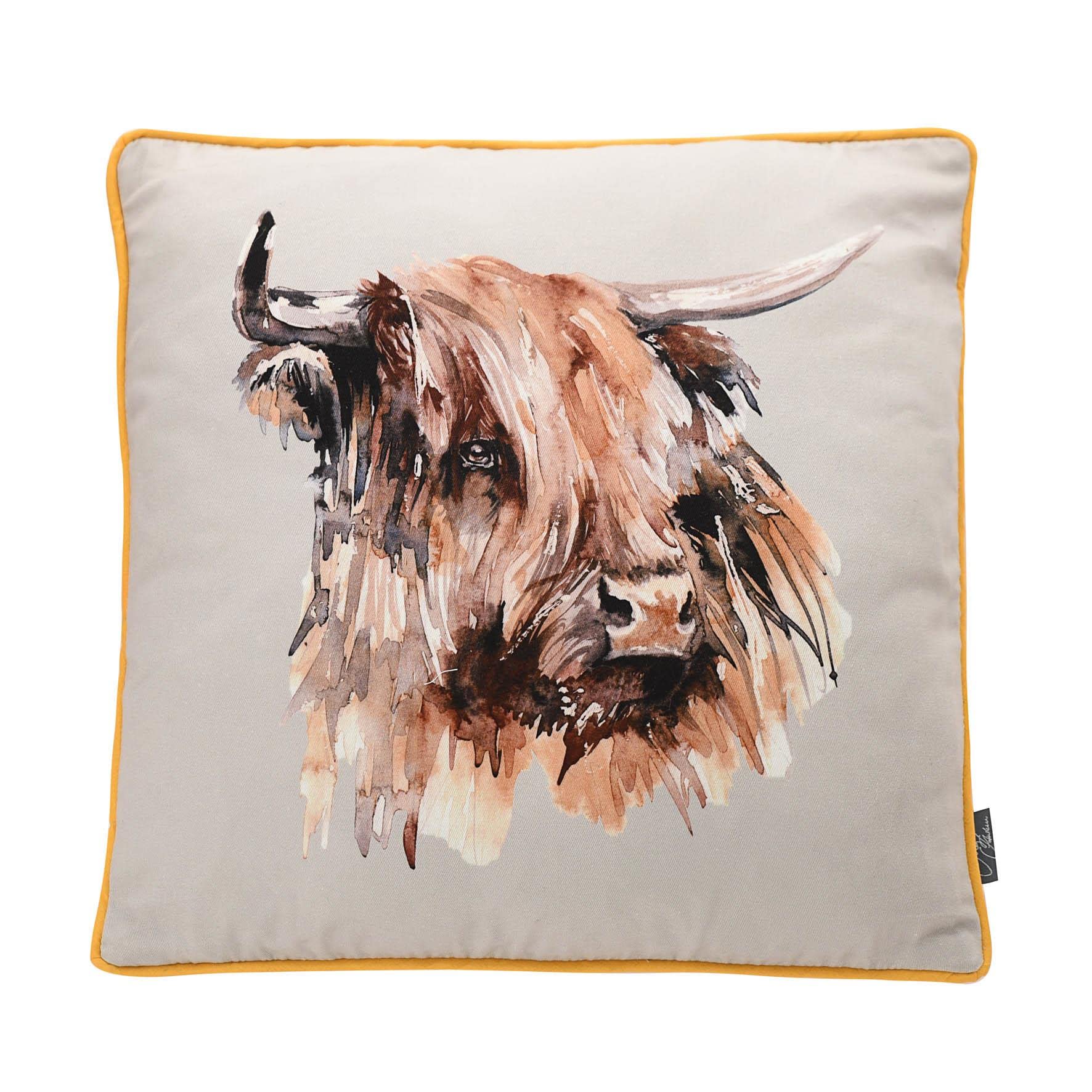 Meg Hawkins Highland Cow Printed Cushion Grey 40cm