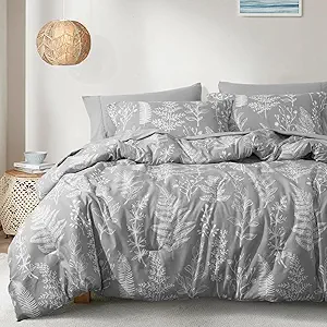 PHF 7 Pieces Queen Comforter Set, Ultra Soft Bed in A Bag Comforter & Sheet Set- Botanical Bedding Set Include Comforter, Pillow Shams, Flat Sheet, Fitted Sheet and Pillowcases, Grey