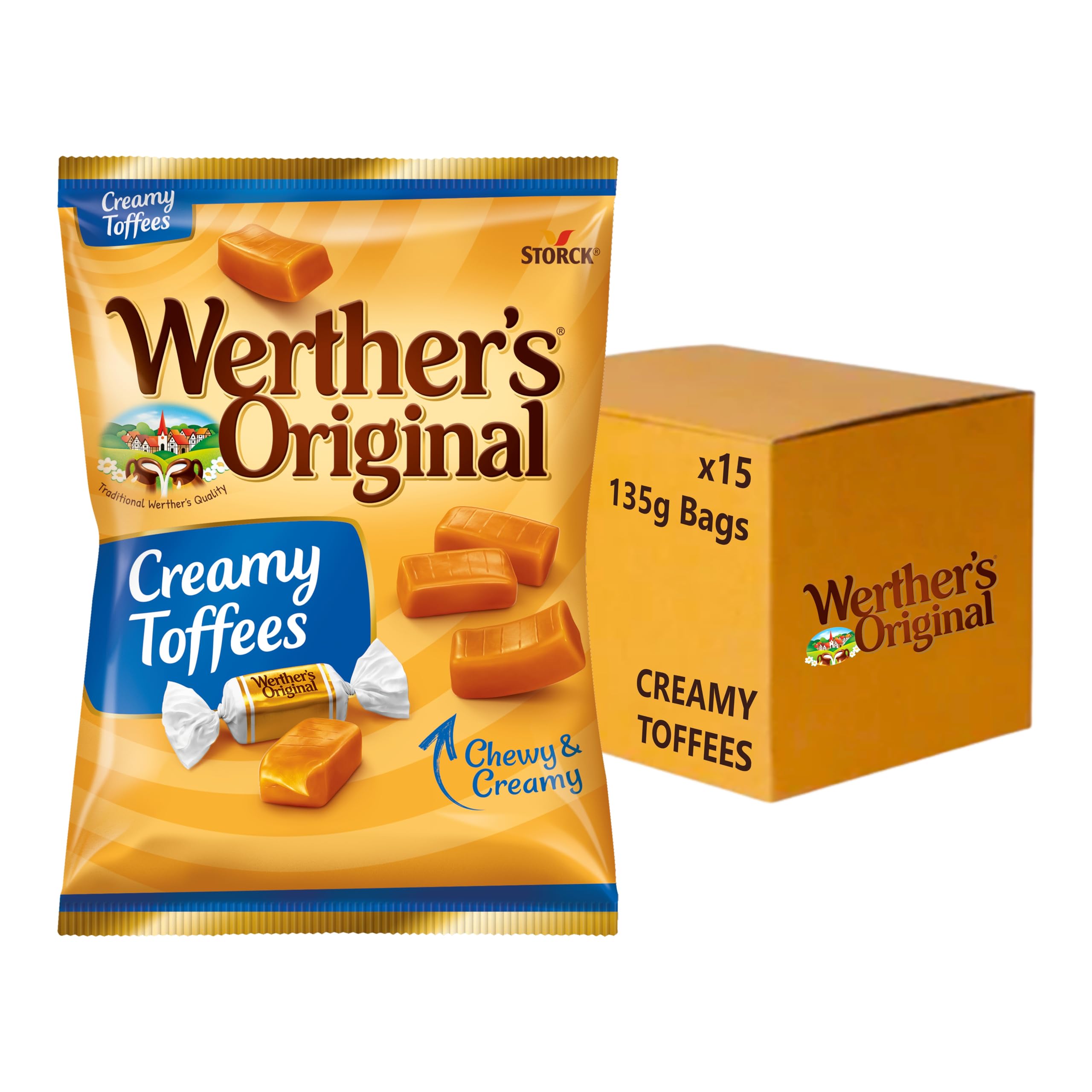 Werther's Original Creamy Toffees, Soft & Creamy Toffees, Gluten-Free & Vegetarian, 135 g (Pack of 15 Bags)