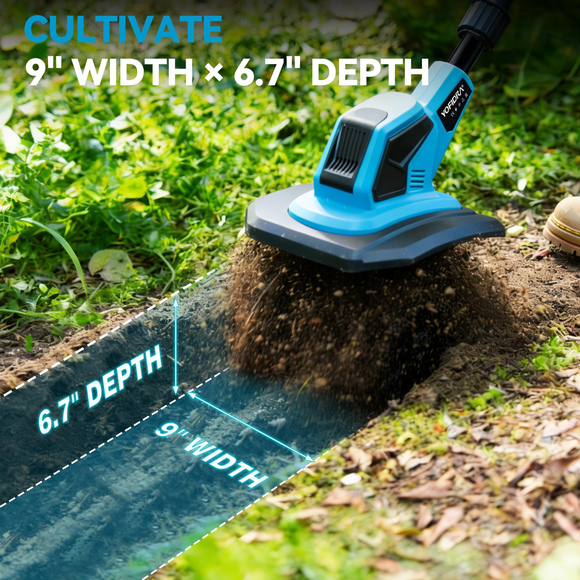 Yofidra Motoazada Electrica - Cultivador de 600W con 23cm de Ancho de Trabajo, 17cm de Profundidad, 2x2.0Ah Baterías, Motoazada Inalámbrica para Jardín