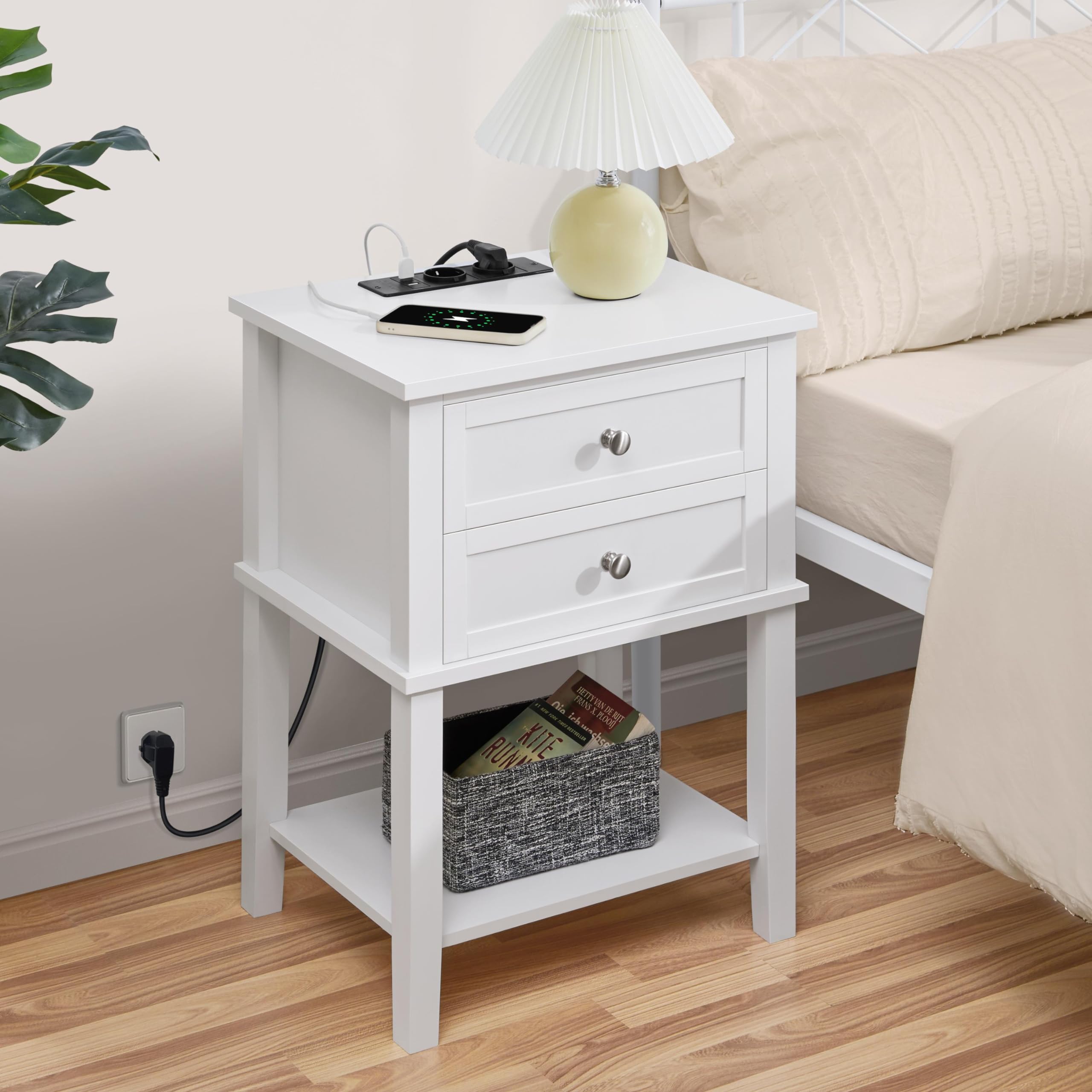 Yaheetech Mesita de Noche con Estación de Carga USB Mesilla de Noche con 2 Cajones y 1 Estante Mesas Auxiliar Blanco 45x35x61 cm para Cama Dormitorio Sala de Estar