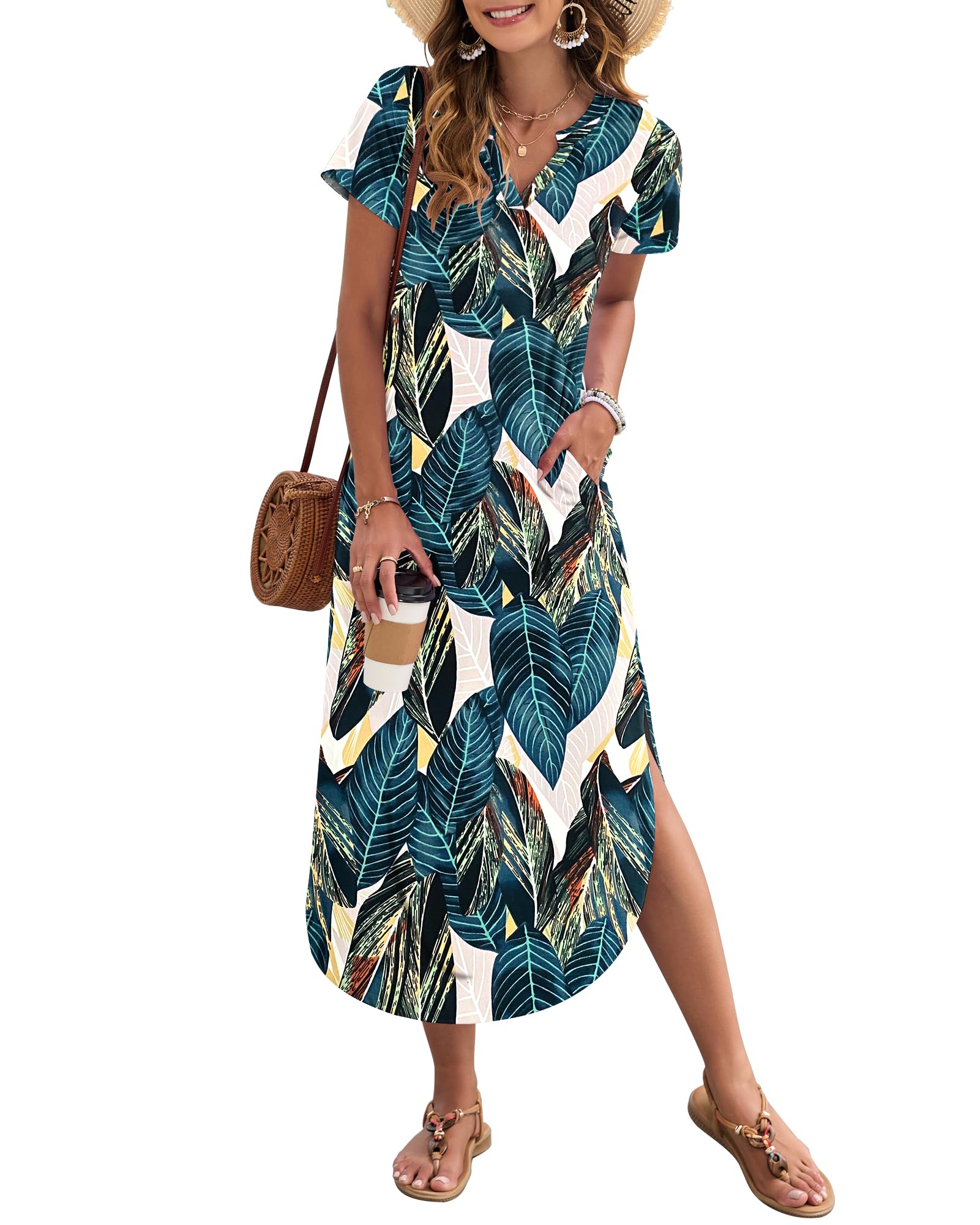 AUSELILY Damen Sommer Maxikleid Kurzarm V-Ausschnitt Lockeres Strandkleid mit Seitenschlitz für Urlaub