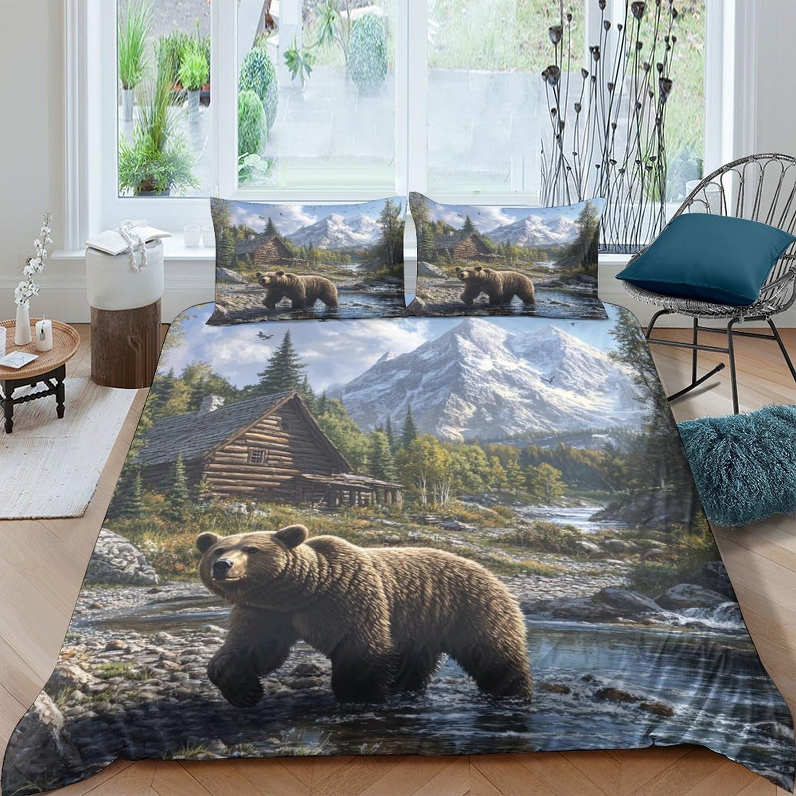Ctjqhvkz Style-8 3D Printed Brown Bear River Fitted Sheet Microfiber Scenic Mountain Cabin Bed Cover For Bedroom Guest Room Decor Single（135X200cm）