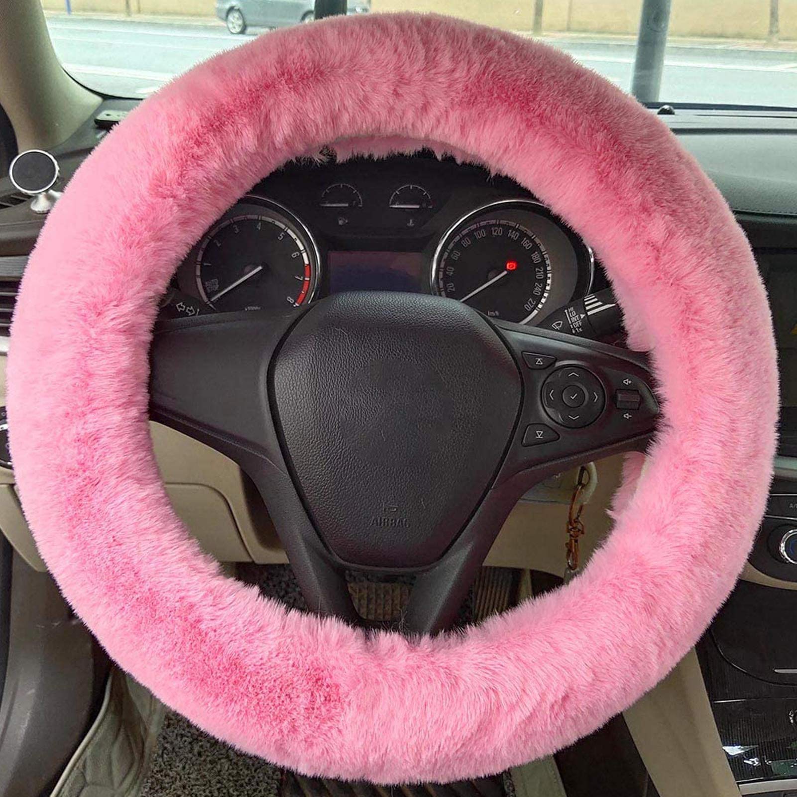 STEVE YIWU Fluffy Steering Wheel Cover for Women/Girls/Ladies Fuzzy Steering Wheel Cover Winter Warm Faux Wool Plush Car Wheel Cover Furry Steering Wheel Protector Universal Fit 15 Inch (Pink)