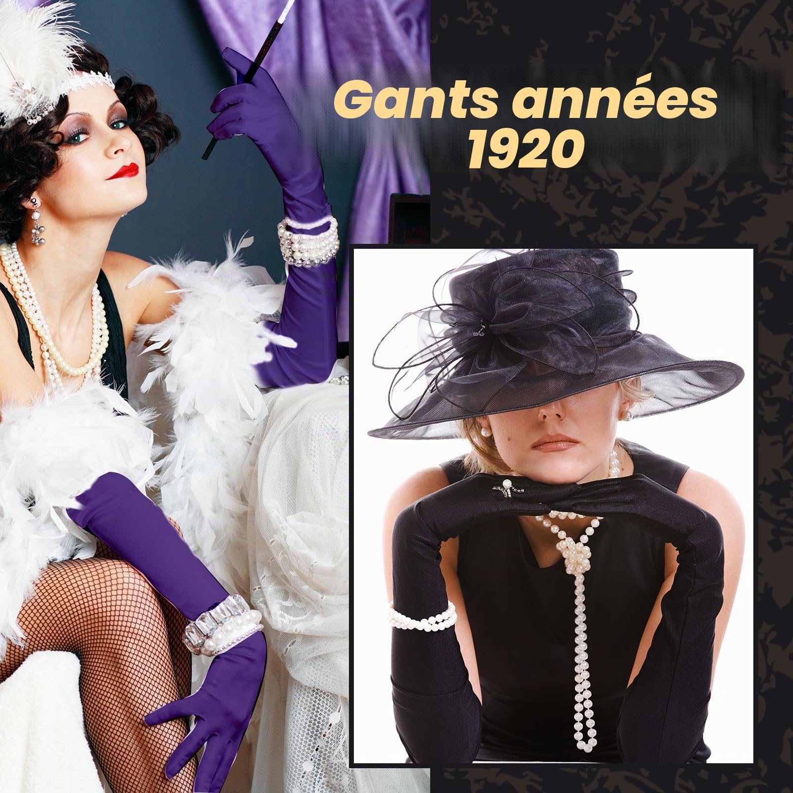 UILYNIU 2 Paires Gant de Longs Soirée Femme, Années 1920 Gants Long Satin Élégants, Accessoire de Années 80 Noir Longs Gants De Danse Gants D'opéra Déguisements Gants pour Femme Halloween Noël