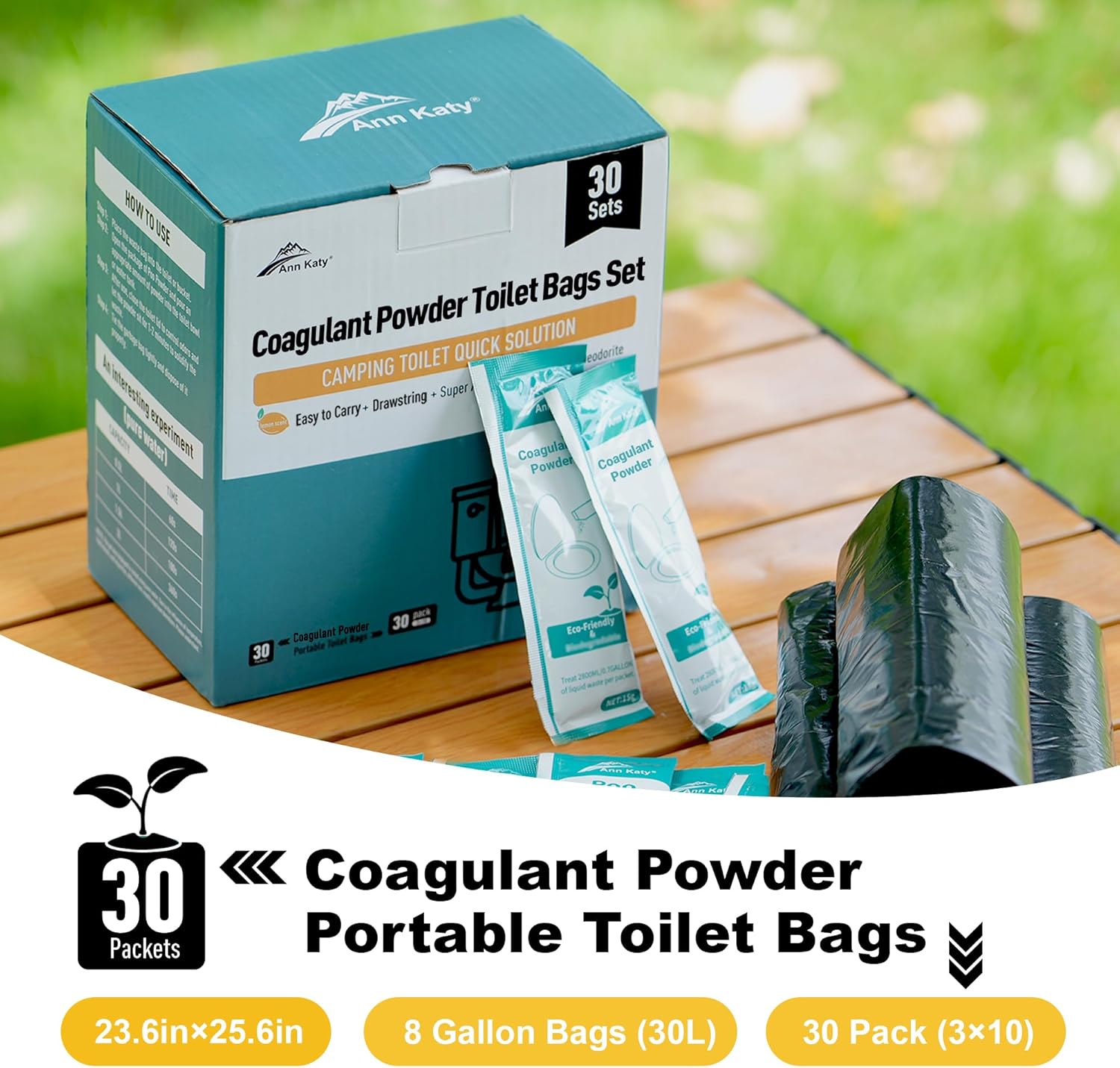 Ann Katy Super Absorbent Polymer 30 Packs,Portable & Fast-Absorbing Camp Toilet Chemicals Gel with 5 Gallon Bucket Toilet Luggable Drawstring Bag, Emergency Toilet Bag&Potty Gel