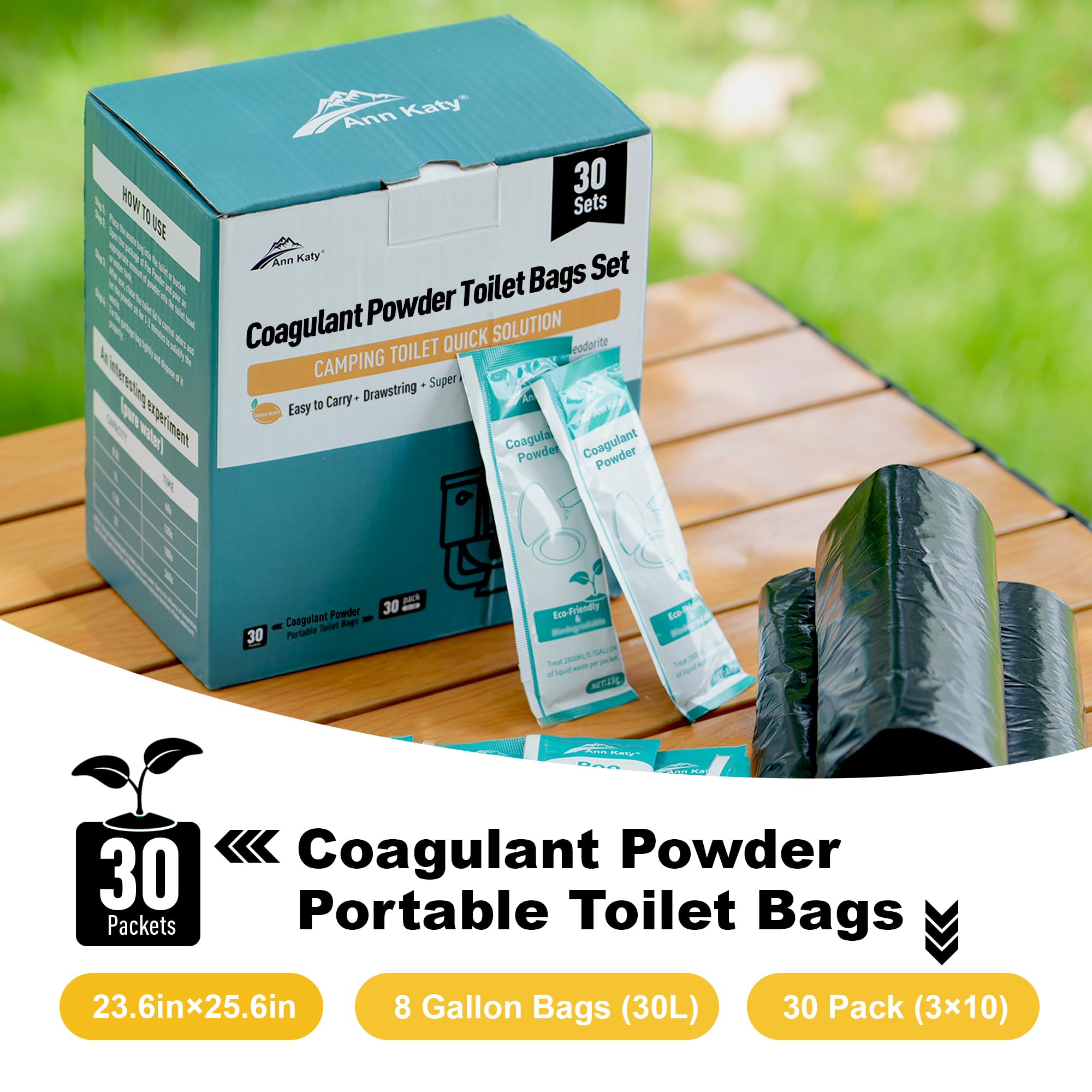 Ann Katy Super saugfähiges Polymer-Gel, tragbares und schnell absorbierendes Camping-Toiletten-Chemikalien-Gel mit 1,8 l Eimer, WC-Gepäck-Kordelzug, Notfall-Toilettenbeutel und Töpfchen-Gel, 30 Stück