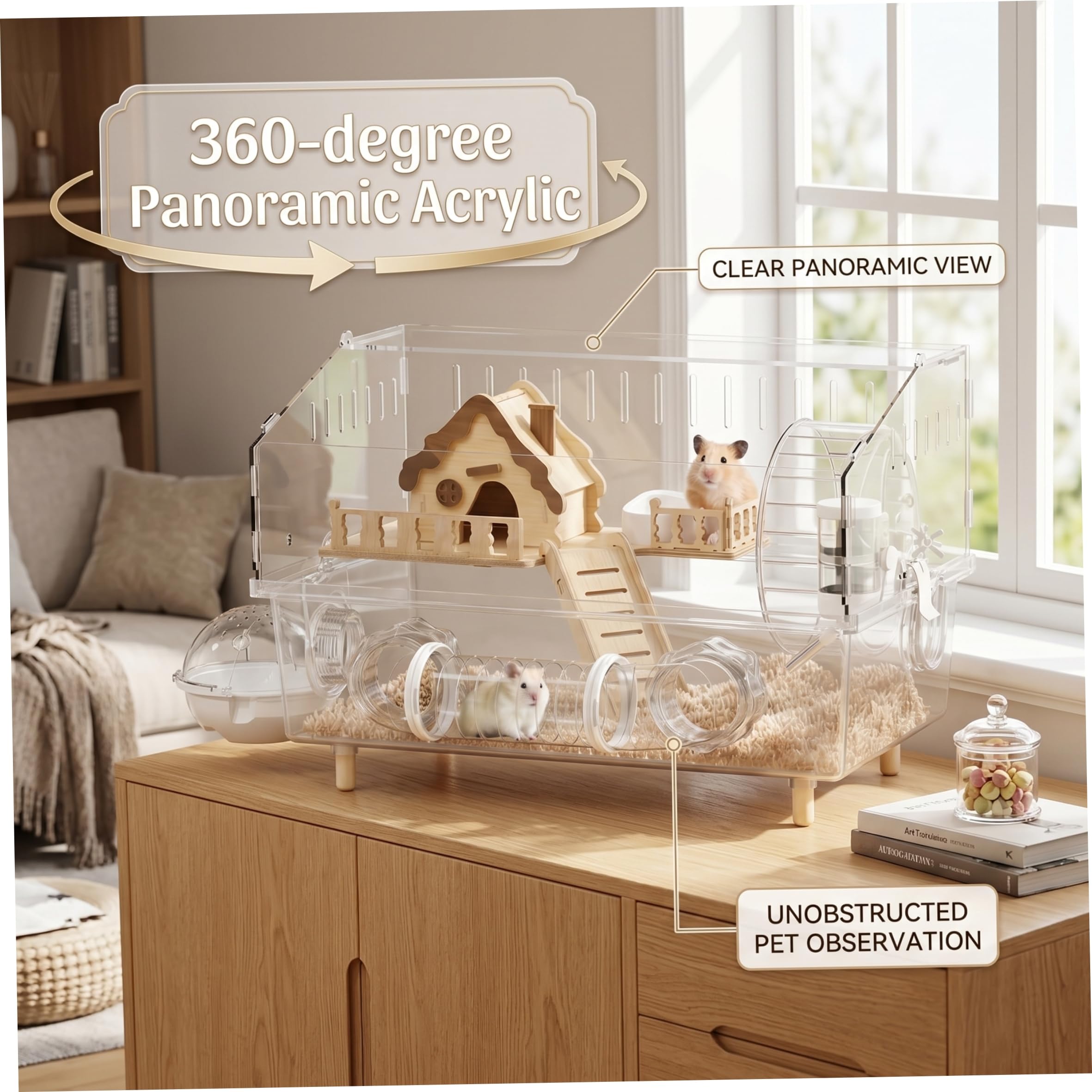 Gabbia per criceti, Gabbia panoramica per criceti, Recinto in acrilico e legno con accessori silenziosi, Trasparente, 100x50x50 cm